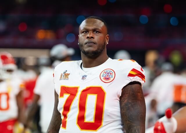 Feb 9, 2025; New Orleans, LA, USA; Kansas City Chiefs offensive tackle D.J. Humphries (70) against the Philadelphia Eagles in Super Bowl LIX at Ceasars Superdome. Mandatory Credit: Mark J. Rebilas-Imagn Images D.J. Humphries, Rams