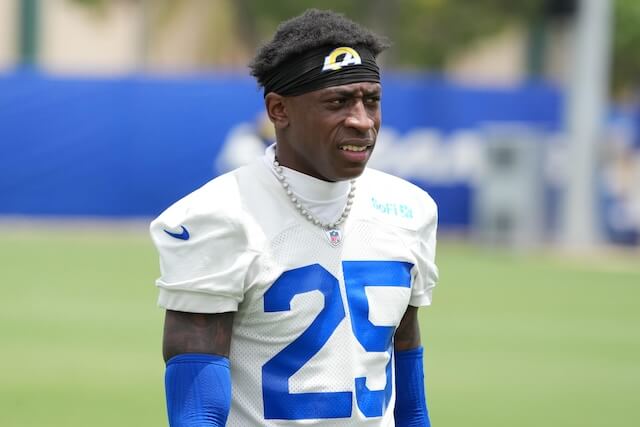 Jun 3, 2025; Woodland Hills, CA, USA; Los Angeles Rams cornerback Emmanuel Forbes Jr. (25) during organized team activities at Rams Practice Facility. Mandatory Credit: Kirby Lee-Imagn Images Rams, Emmanuel Forbes Jr.