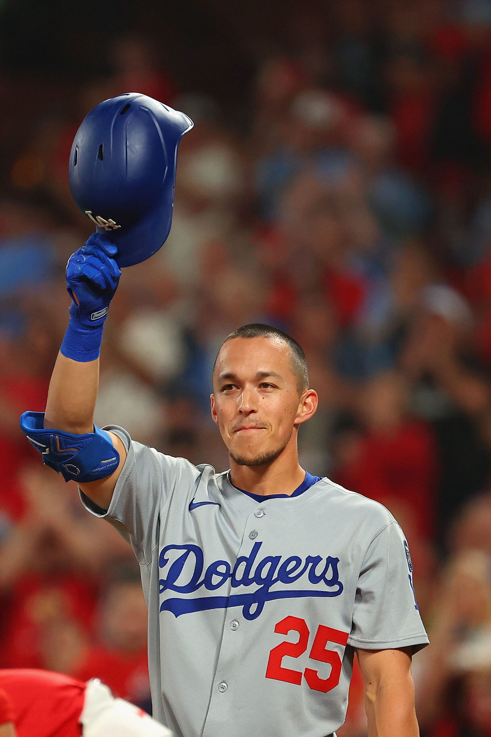 The Dodgers’ Tommy Edman acknowledges the crowd before his first...