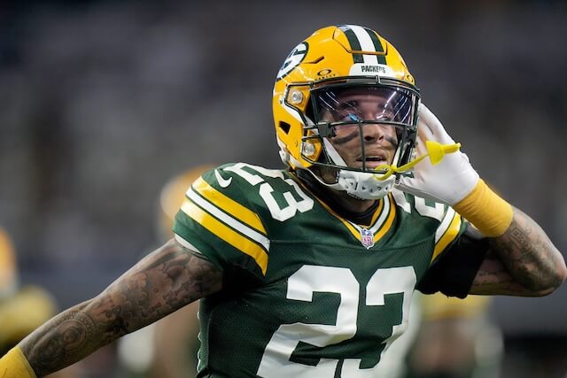 Green Bay Packers cornerback Jaire Alexander (23) reacts after intercepting a pass during the first quarter of the wild card playoff game against the Dallas Cowboys Sunday, January 14, 2024 at AT&T Stadium in Arlington, Texas. Jaire Alexander, Packers, Rams