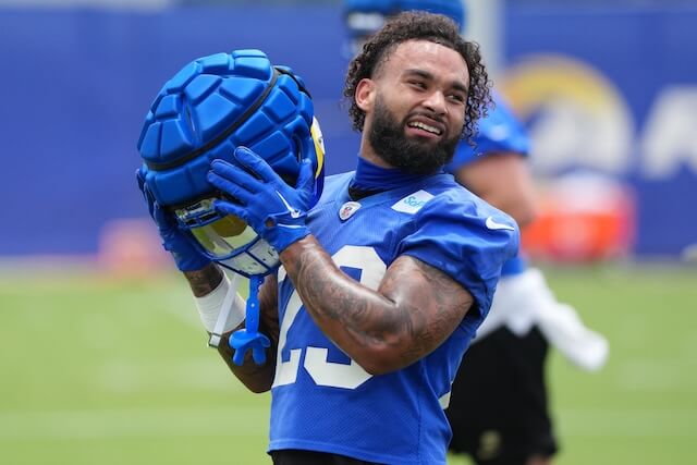 May 28, 2025; Woodland Hills, CA, USA; Los Angeles Rams running back Kyren Williams (23) takes a break during organized team activities at Rams Practice Facility. Mandatory Credit: Kirby Lee-Imagn Images Kyren Williams, Rams