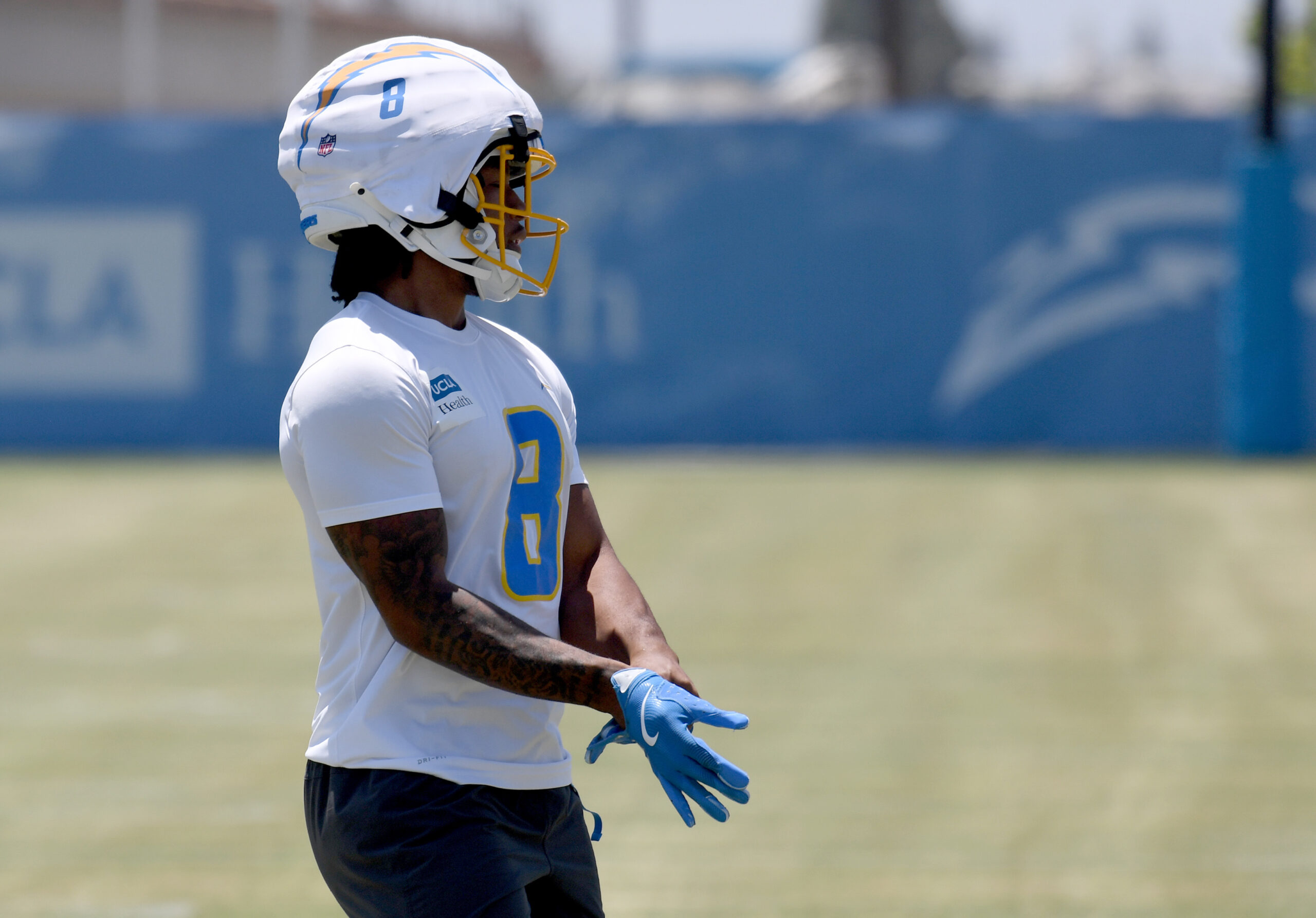 Chargers rookie running back Omarion Hampton goes through drills during...