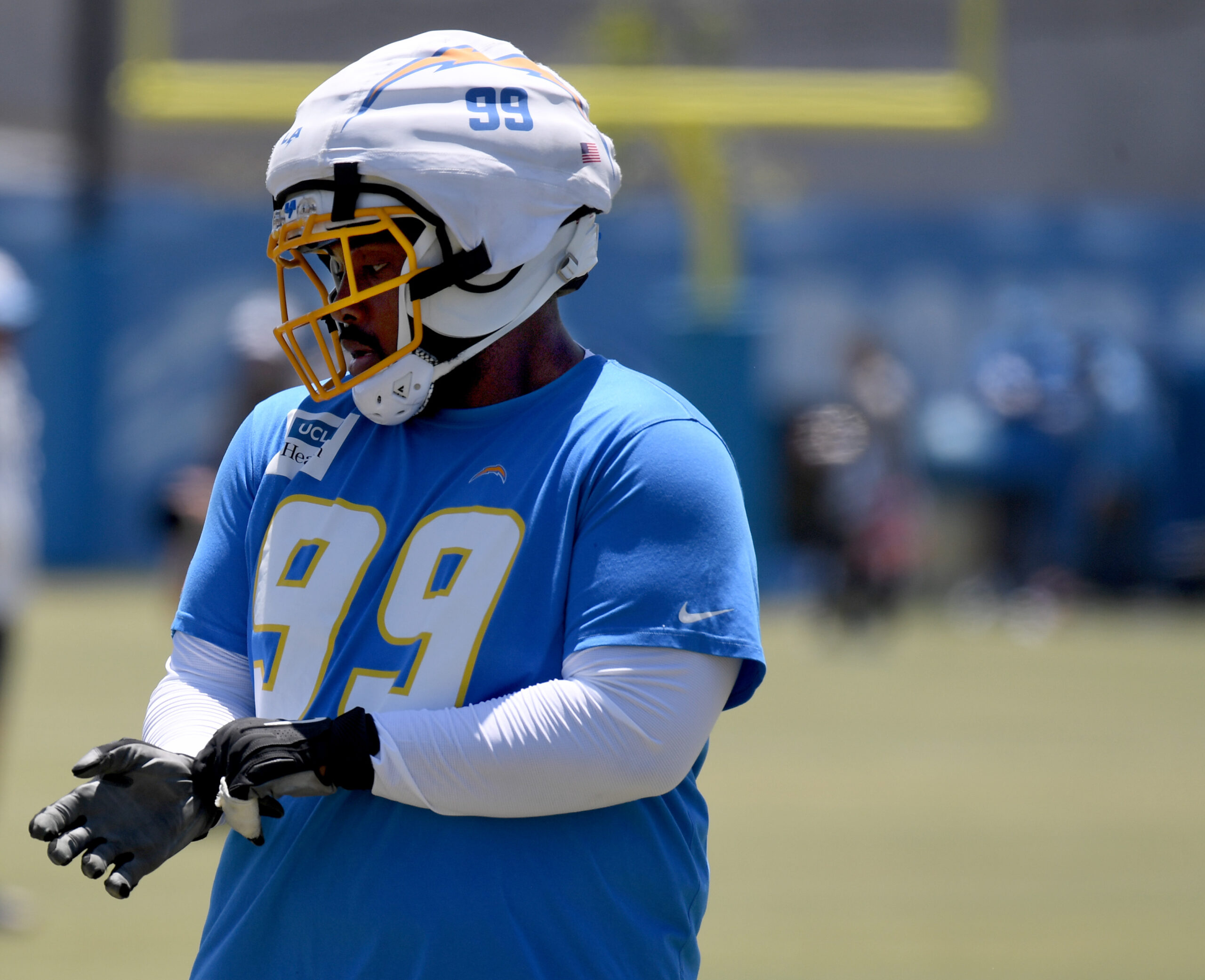 Chargers rookie defensive lineman Jamaree Caldwell goes through drills during...