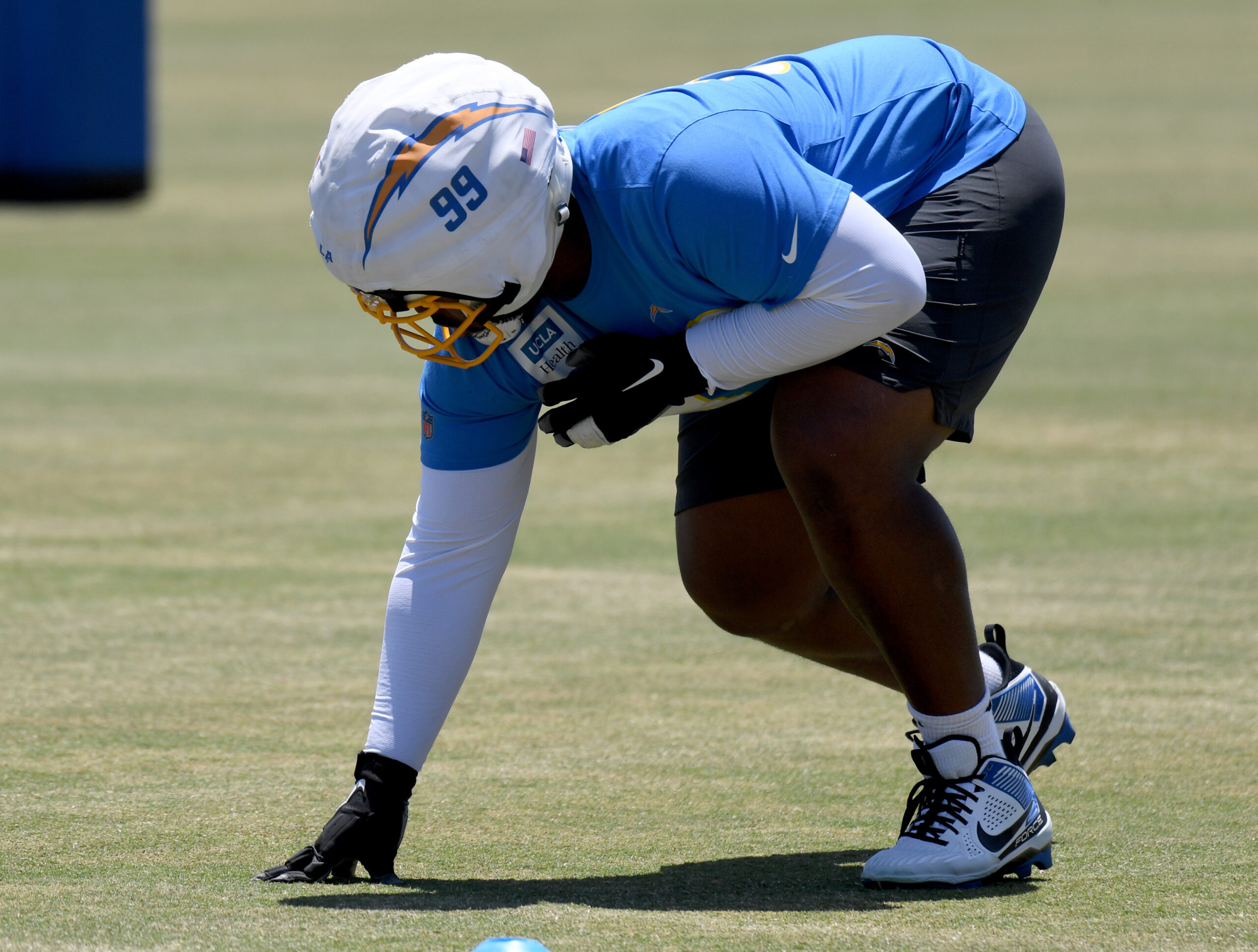 Chargers rookie defensive lineman Jamaree Caldwell goes through drills during...