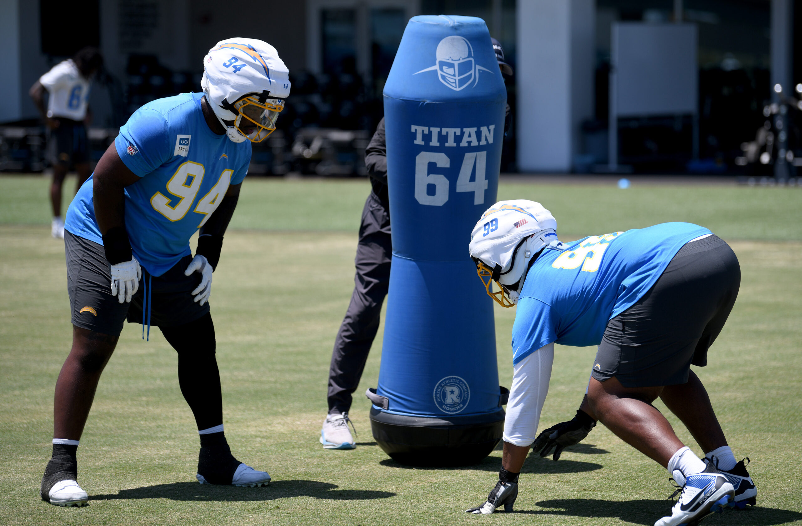 Chargers rookie defensive linemen TeRah Edwards, left, and Jamaree Caldwell...