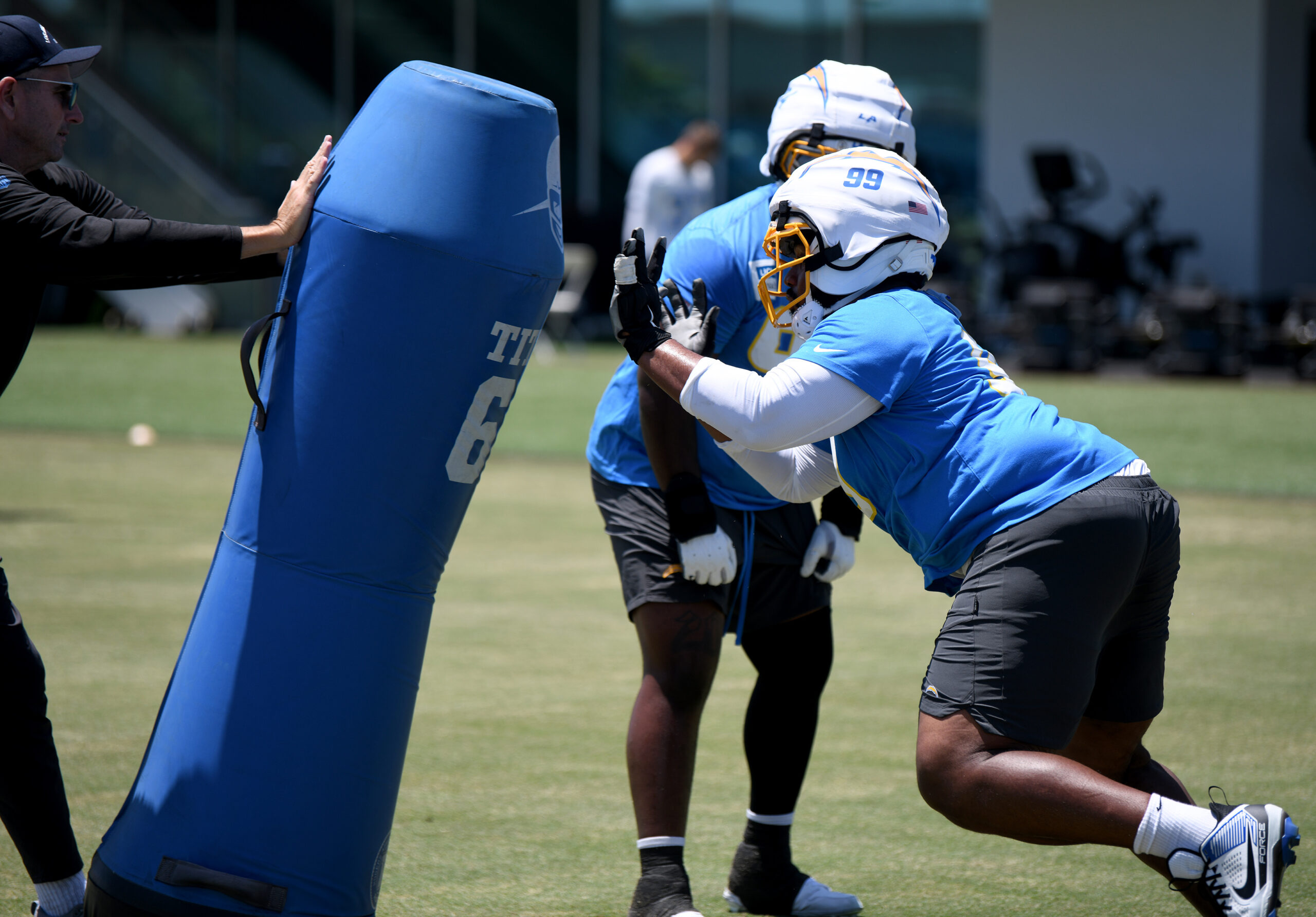 Chargers rookie defensive lineman Jamaree Caldwell goes through drills during...