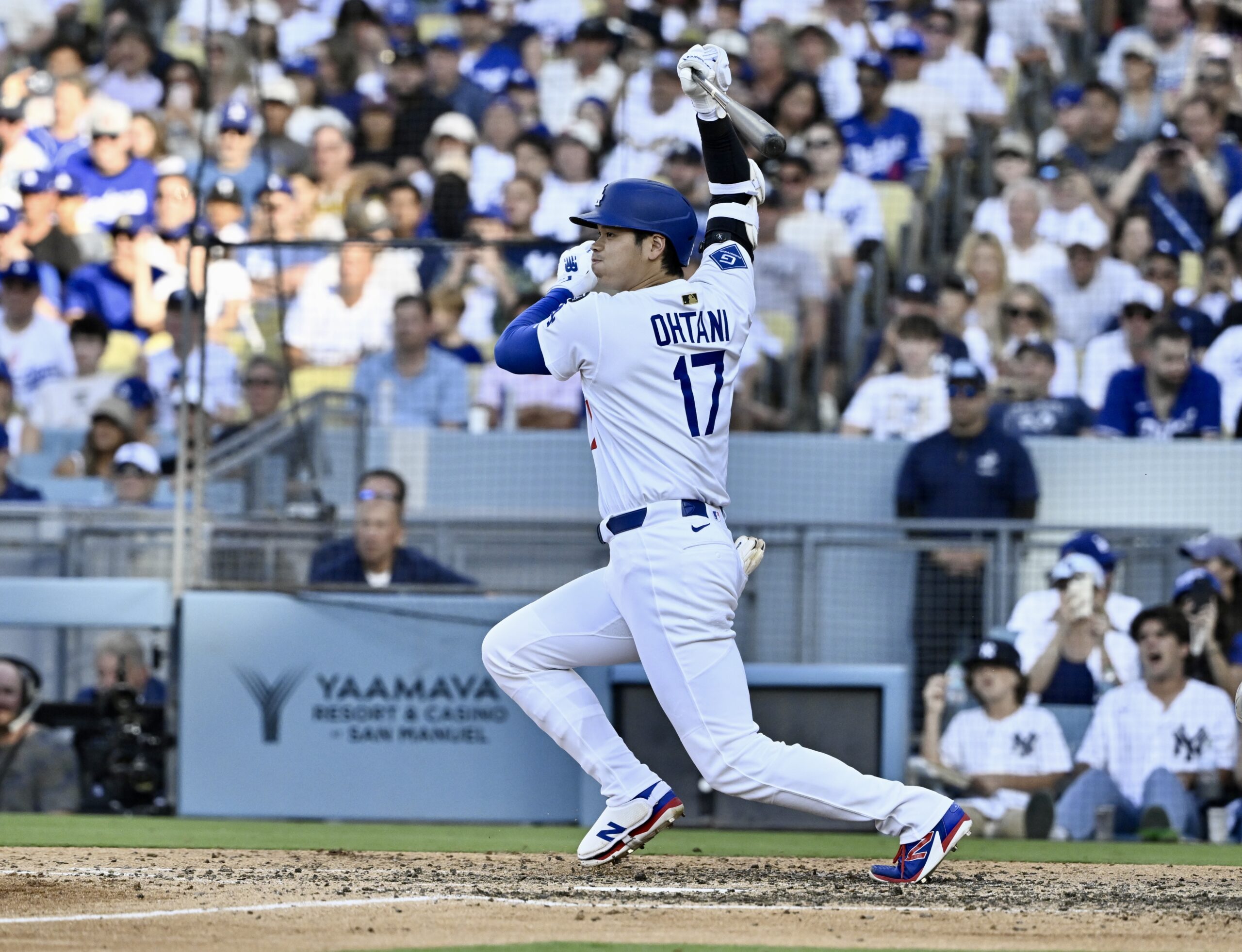 Shohei Ohtani #17 of the Dodgers grounds out against the...