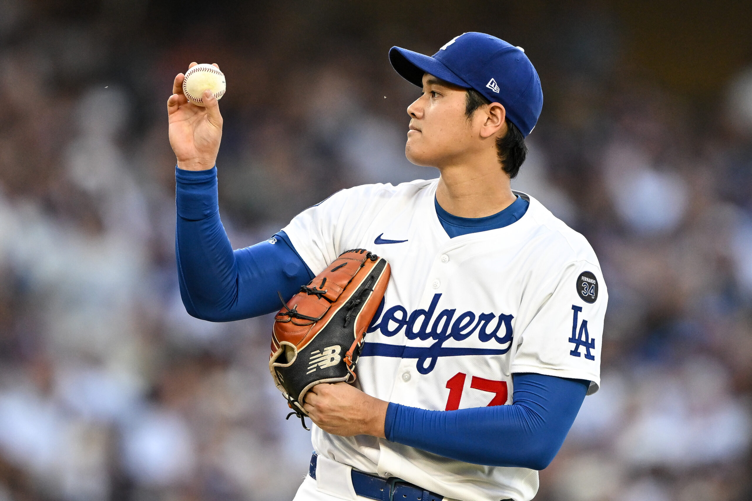 Dodgers starting pitcher Shohei Ohtani takes the mound during the...