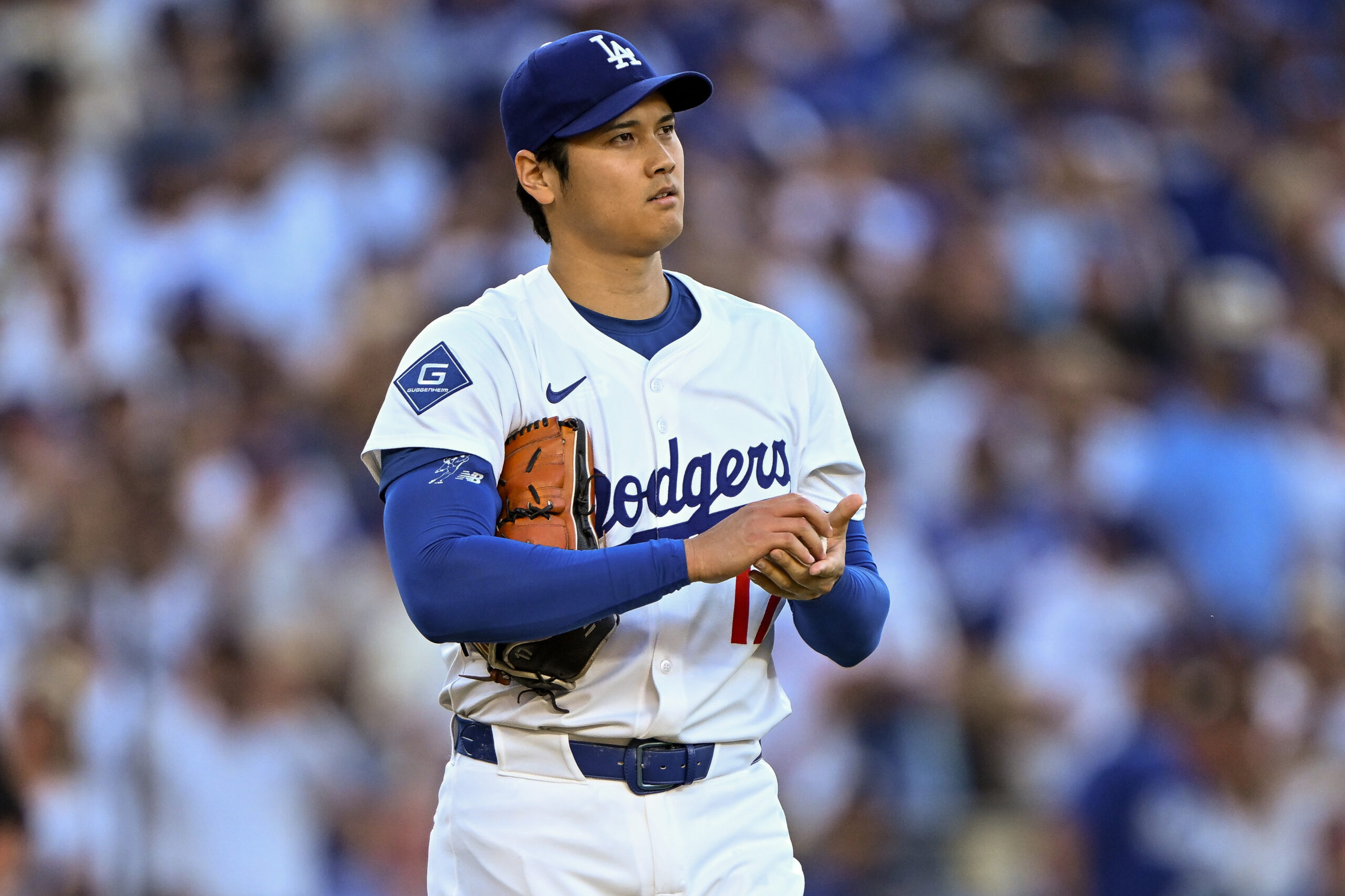 Dodgers starting pitcher Shohei Ohtani takes the mound during the...