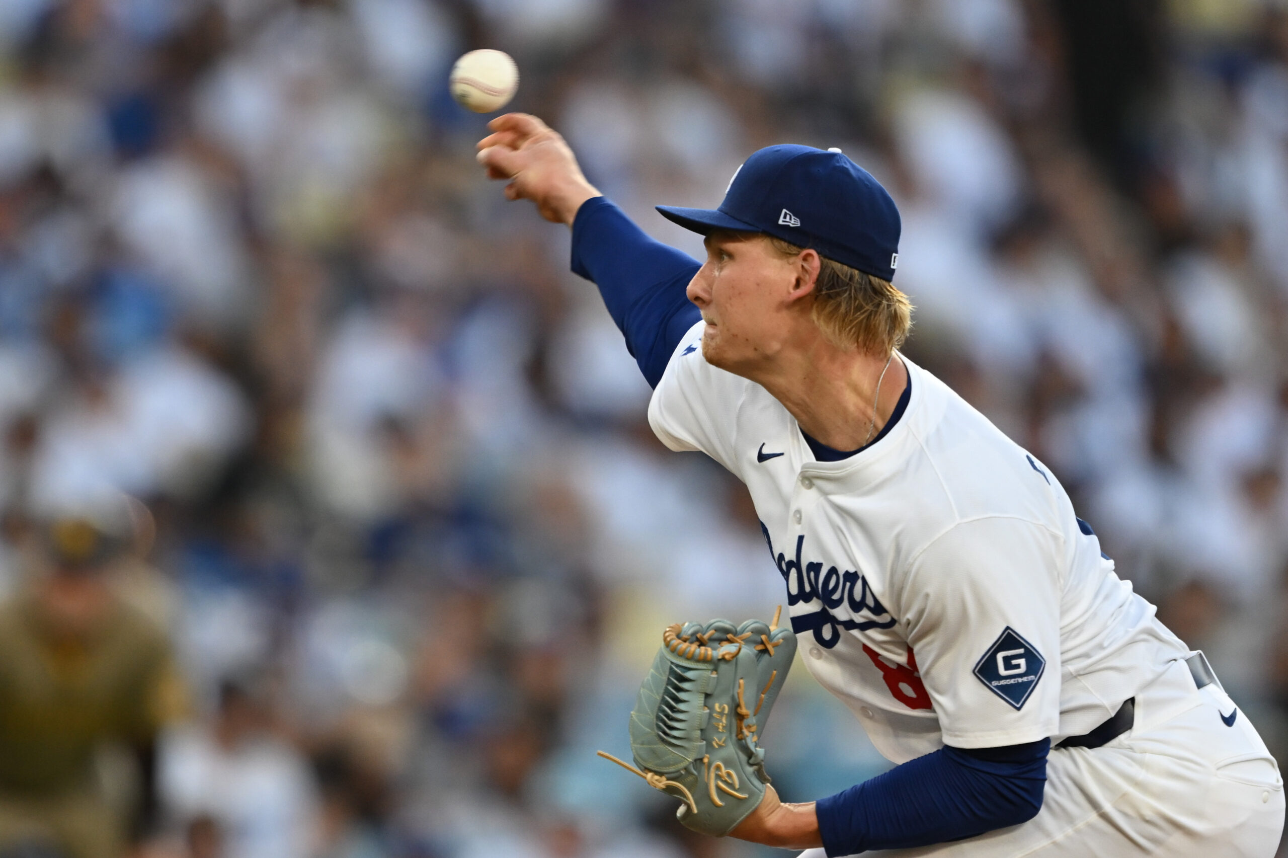 Dodgers starting pitcher Emmet Sheehan throws to the plate during...
