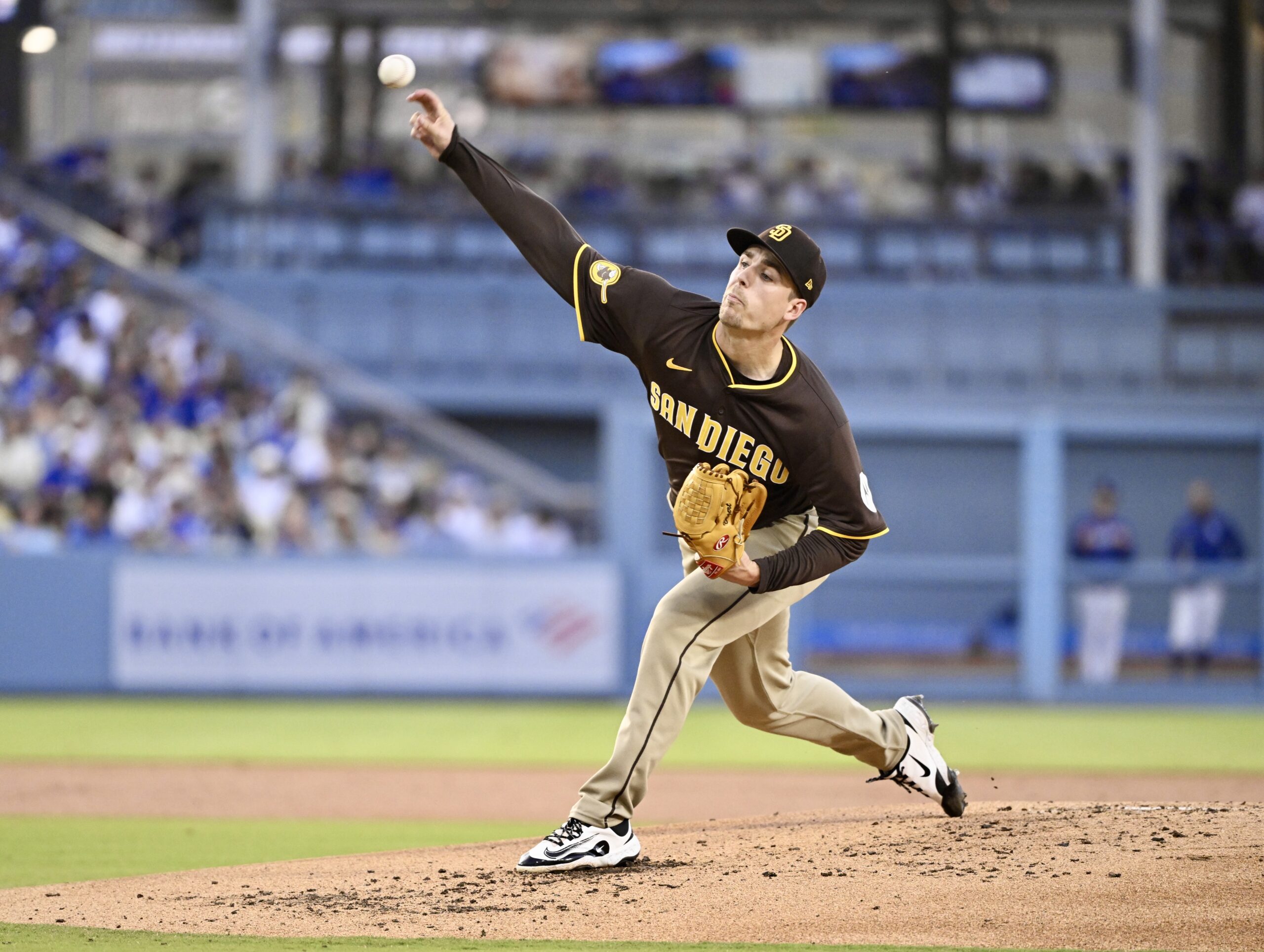 San Diego Padres starting pitcher Ryan Bergert throws to the...