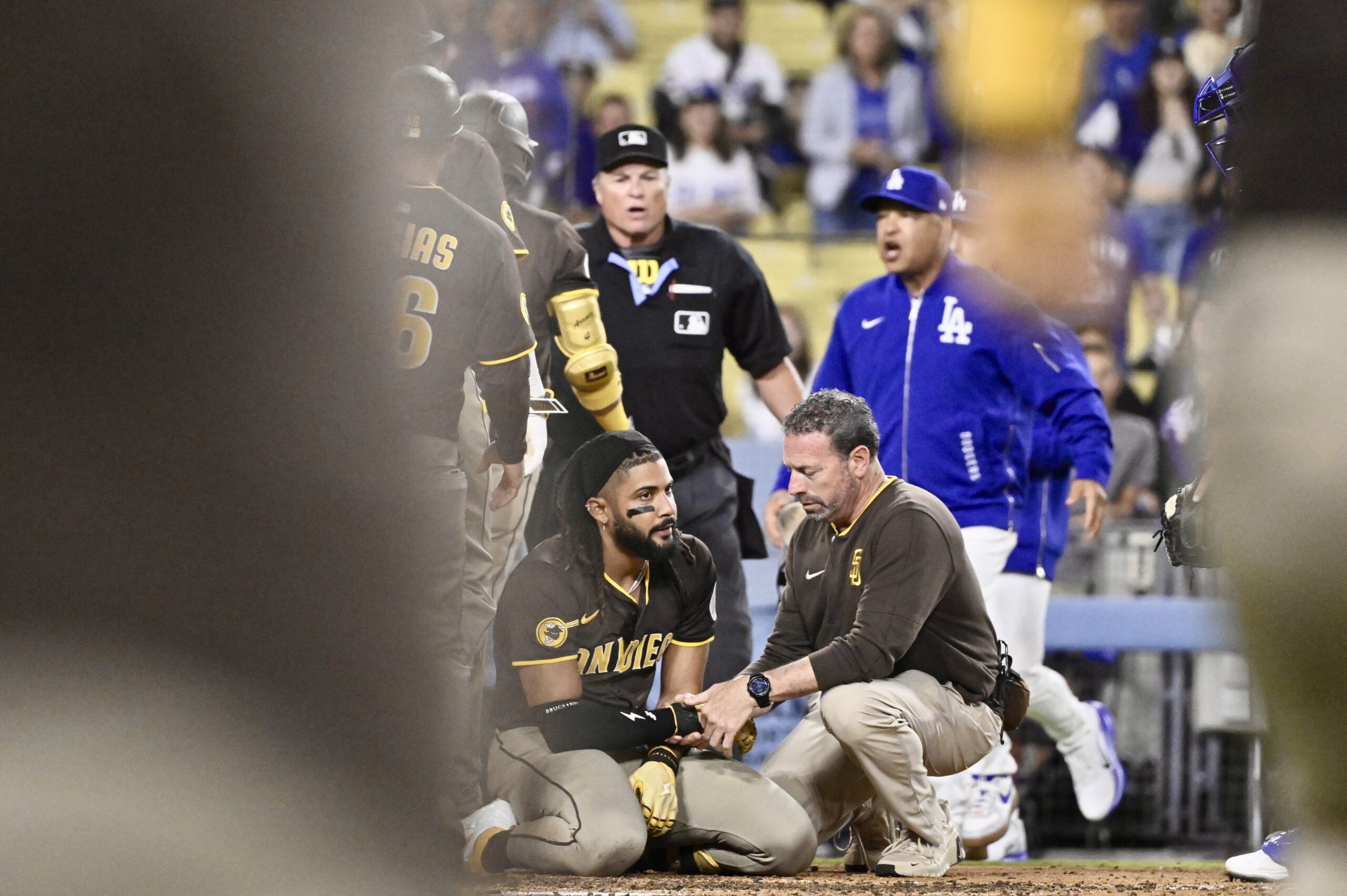 Benches cleared after Fernando Tatis Jr. #23 of the San...