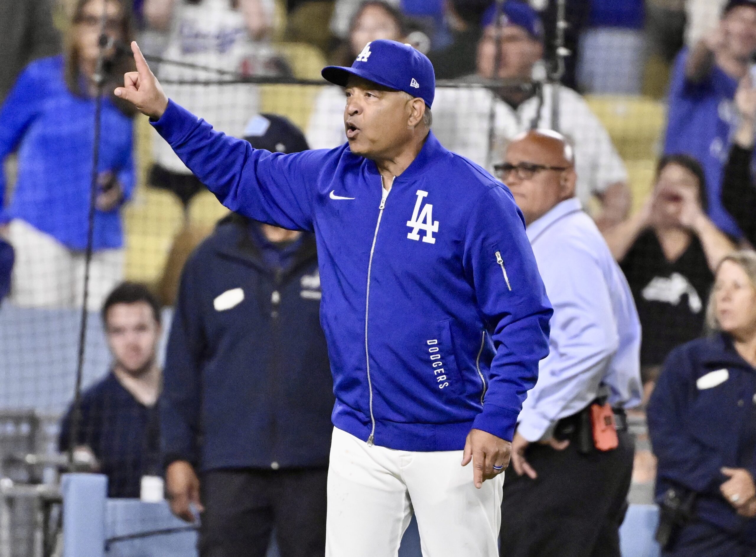 Dodgers manager Dave Roberts reacts after the benches cleared when...