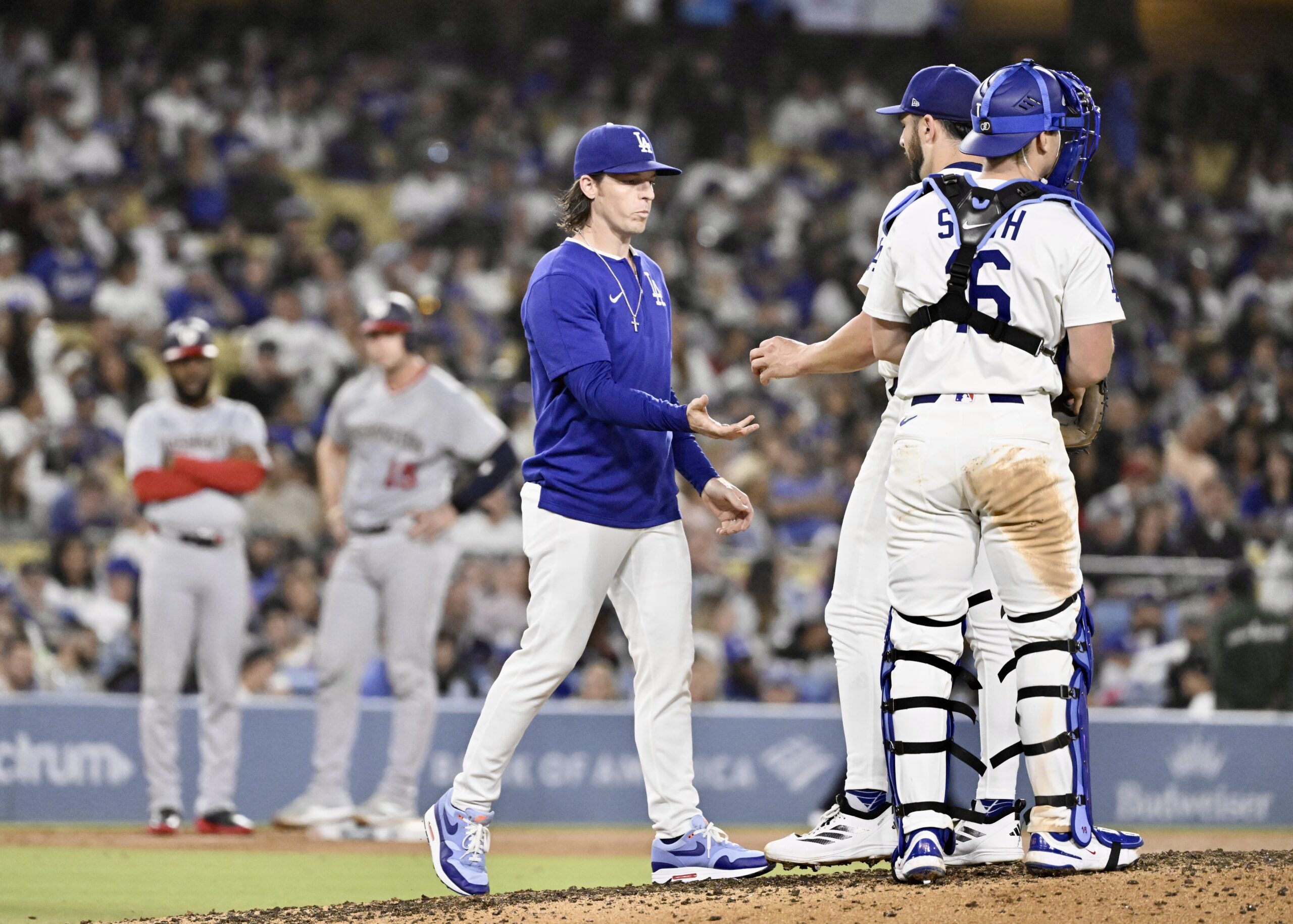 Dodgers bench coach and acting manager Danny Lehmann takes the...