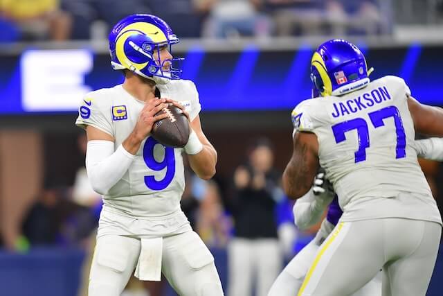 Oct 24, 2024; Inglewood, California, USA; Los Angeles Rams quarterback Matthew Stafford (9) drops back to pass against the Minnesota Vikings during the first half at SoFi Stadium. Mandatory Credit: Gary A. Vasquez-Imagn Images Matthew Stafford, Alaric Jackson, Rams