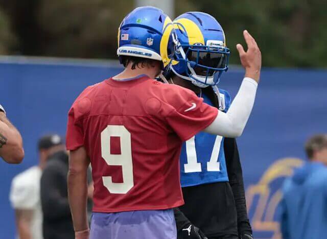 EL SEGUNDO, CA - MAY 28: Los Angeles Rams quarterback Stafford, Matthew (9) talks with Los Angeles Rams wide receiver Adams, Davante (17) during the Los Angeles Rams OTA on May 28, 2025 at The Rams Practice Facility in Woodland Hills, CA. (Photo by Jevone Moore/Icon Sportswire via Getty Images)
Matthew Stafford, Davante Adams, Rams