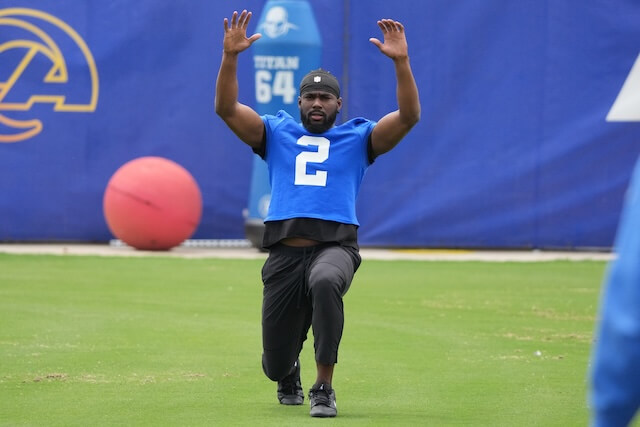 May 28, 2025; Woodland Hills, CA, USA; Los Angeles Rams wide receiver Quintet Cephus (2) works out with a weighted ball during organized team activities at Rams Practice Facility. Mandatory Credit: Kirby Lee-Imagn Images Quintez Cephus, Rams