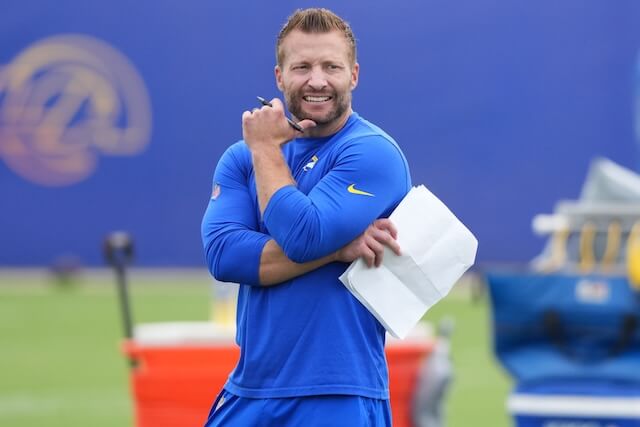 May 28, 2025; Woodland Hills, CA, USA; Los Angeles Rams head coach Sean McVay watches offensive drills during organized team activities at Rams Practice Facility. Mandatory Credit: Kirby Lee-Imagn Images Sean McVay, Rams