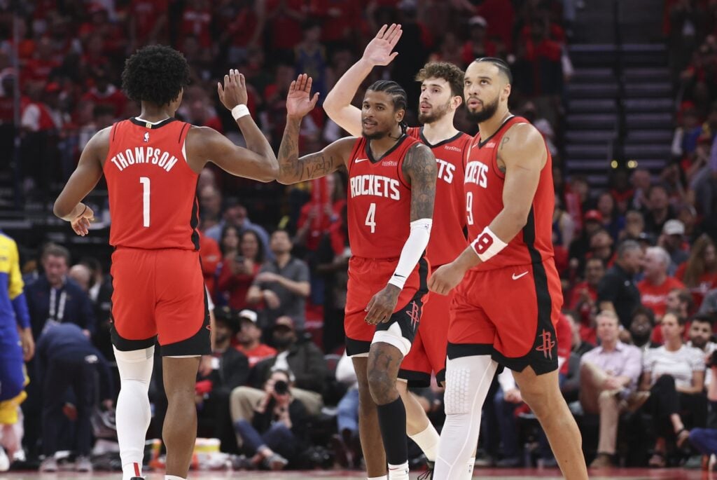 Houston Rockets guard Jalen Green (4) and forward Amen Thompson