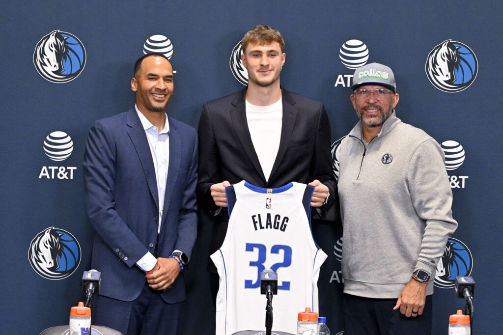 Dallas Mavericks general manager Nico Harrison and Mavericks first overall pick Cooper Flagg and head coach Jason Kidd pose for a photo at the Dallas Mavericks Practice Facility.