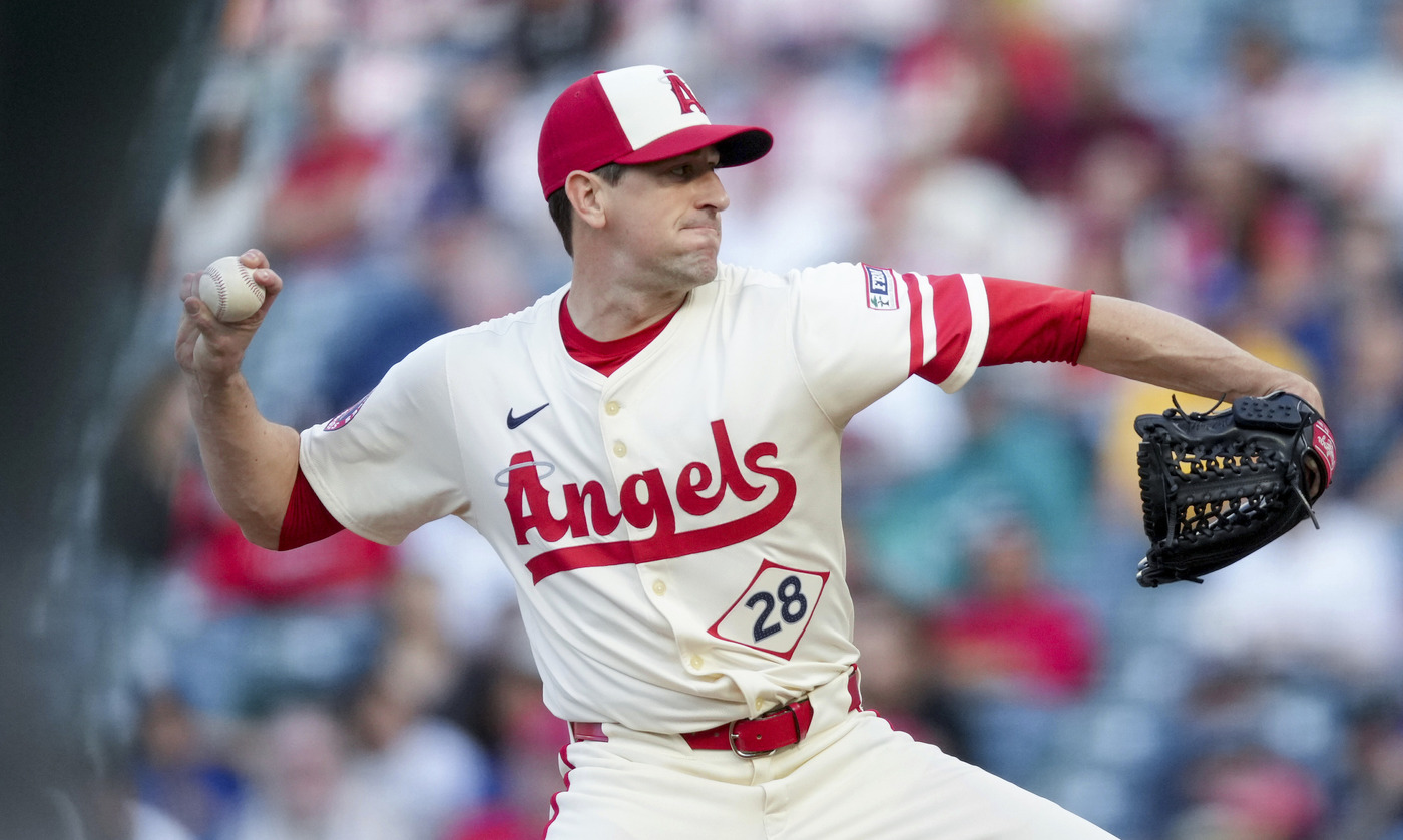 Angels starting pitcher Kyle Hendricks throws to the plate during...
