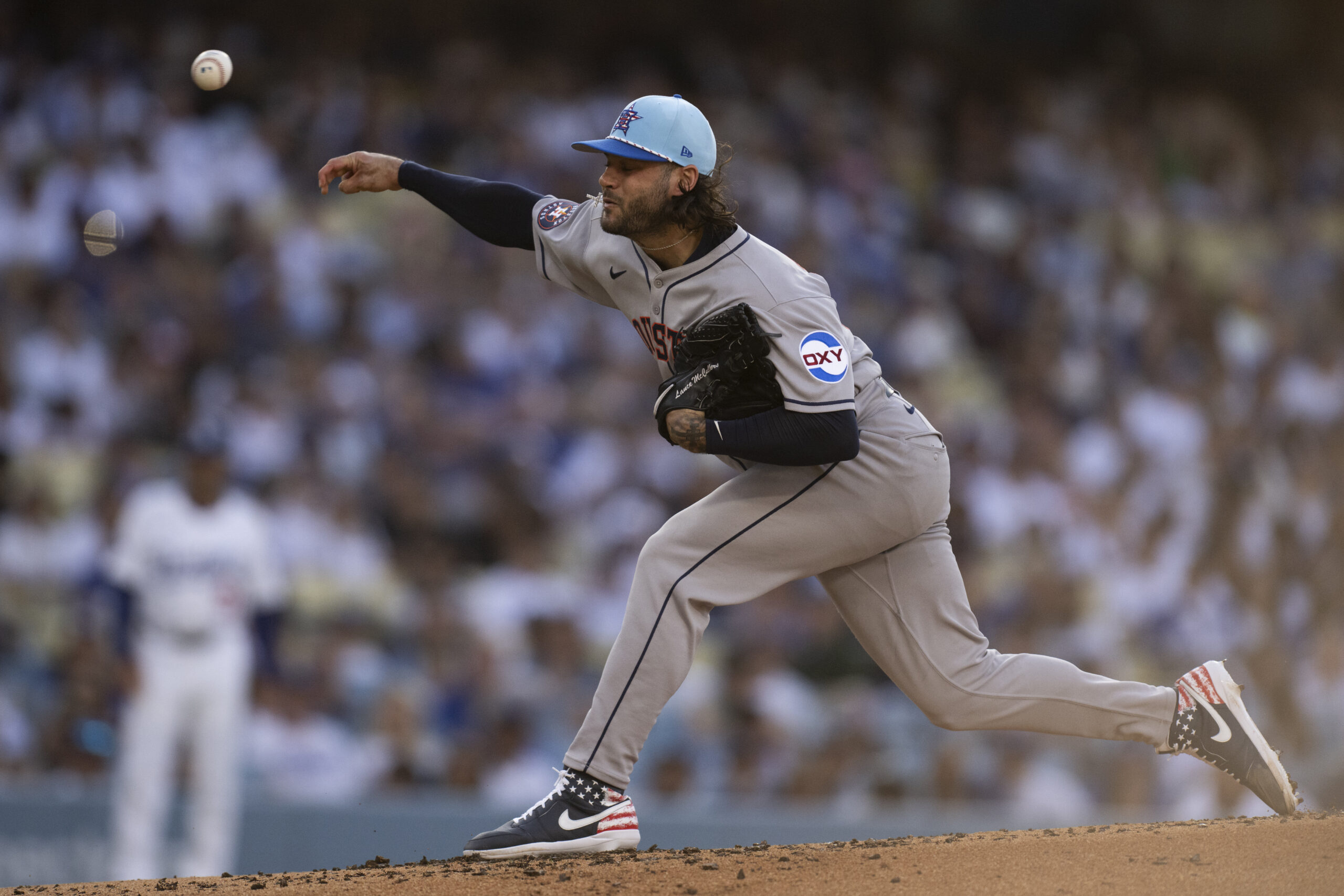 Houston Astros starting pitcher Lance McCullers Jr. delivers during the...