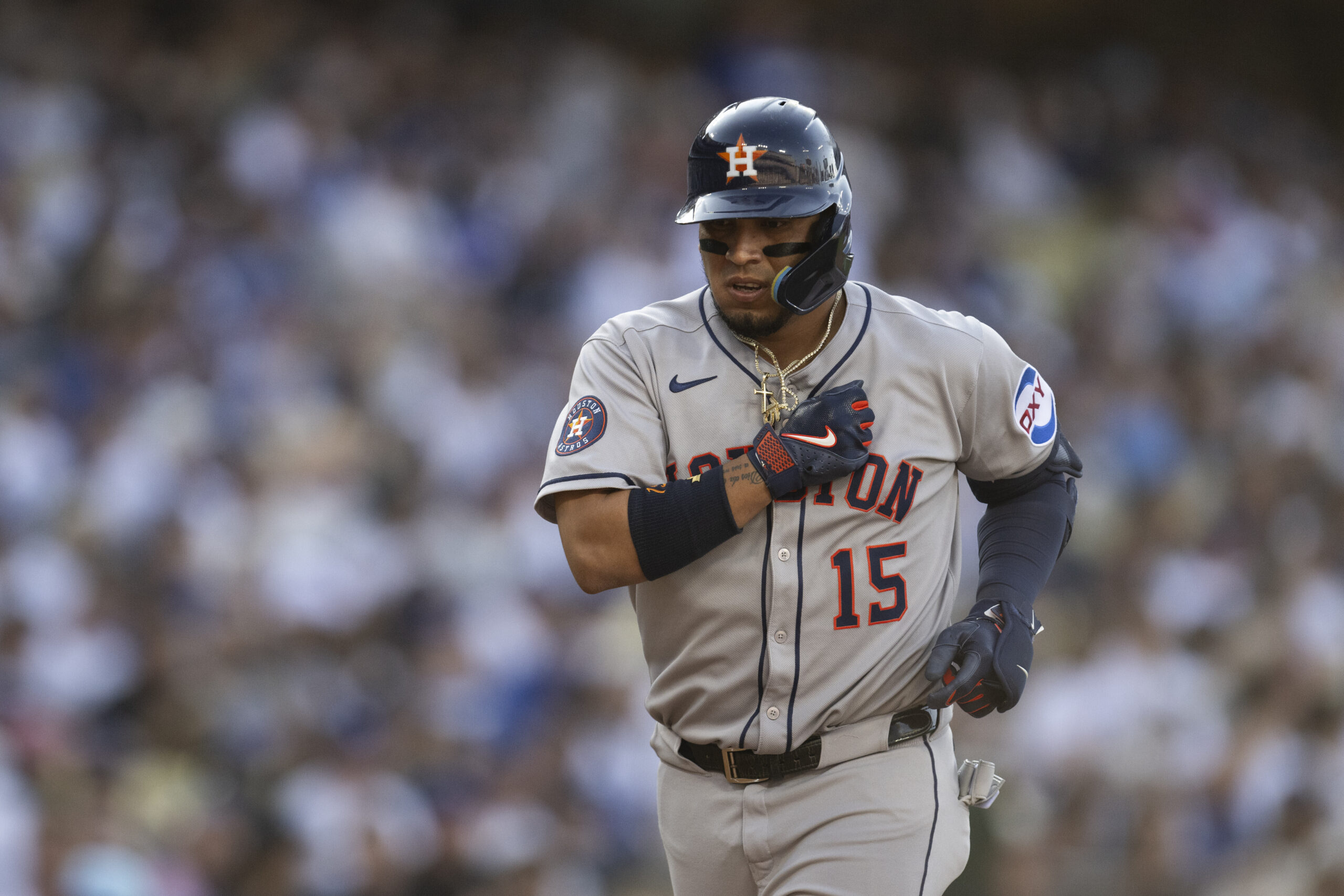 Houston Astros’ Isaac Paredes celebrate after his solo home run...