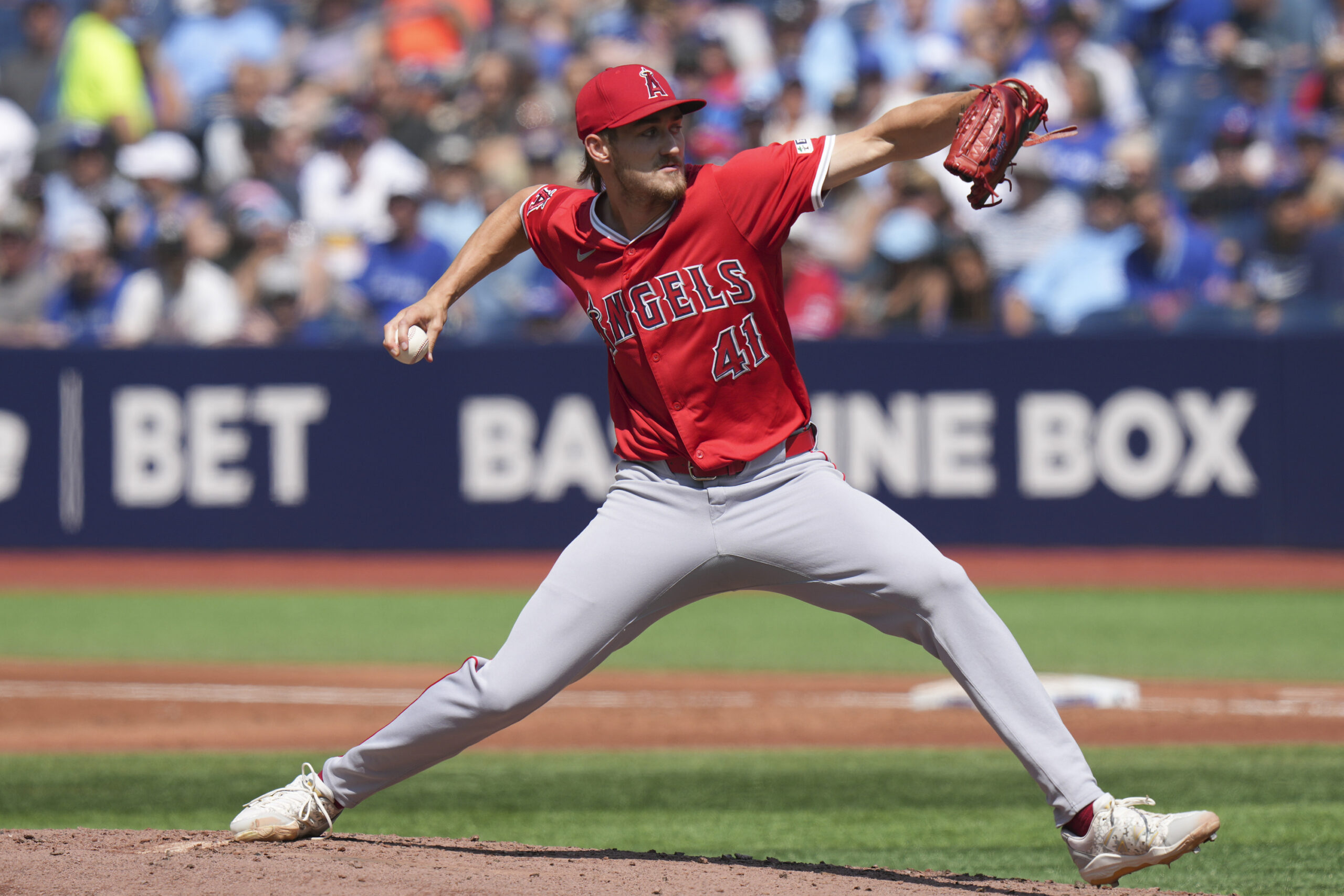 Angels pitcher Jack Kochanowicz (41) works against the Toronto Blue...