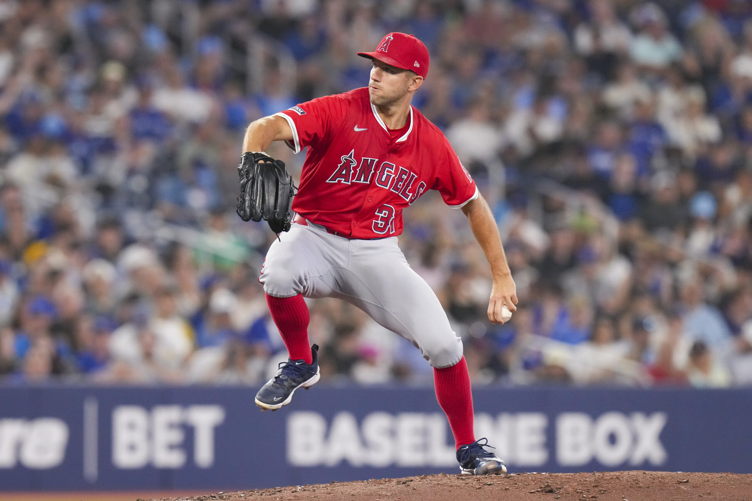 Angels pitcher Tyler Anderson works against the Toronto Blue Jays...