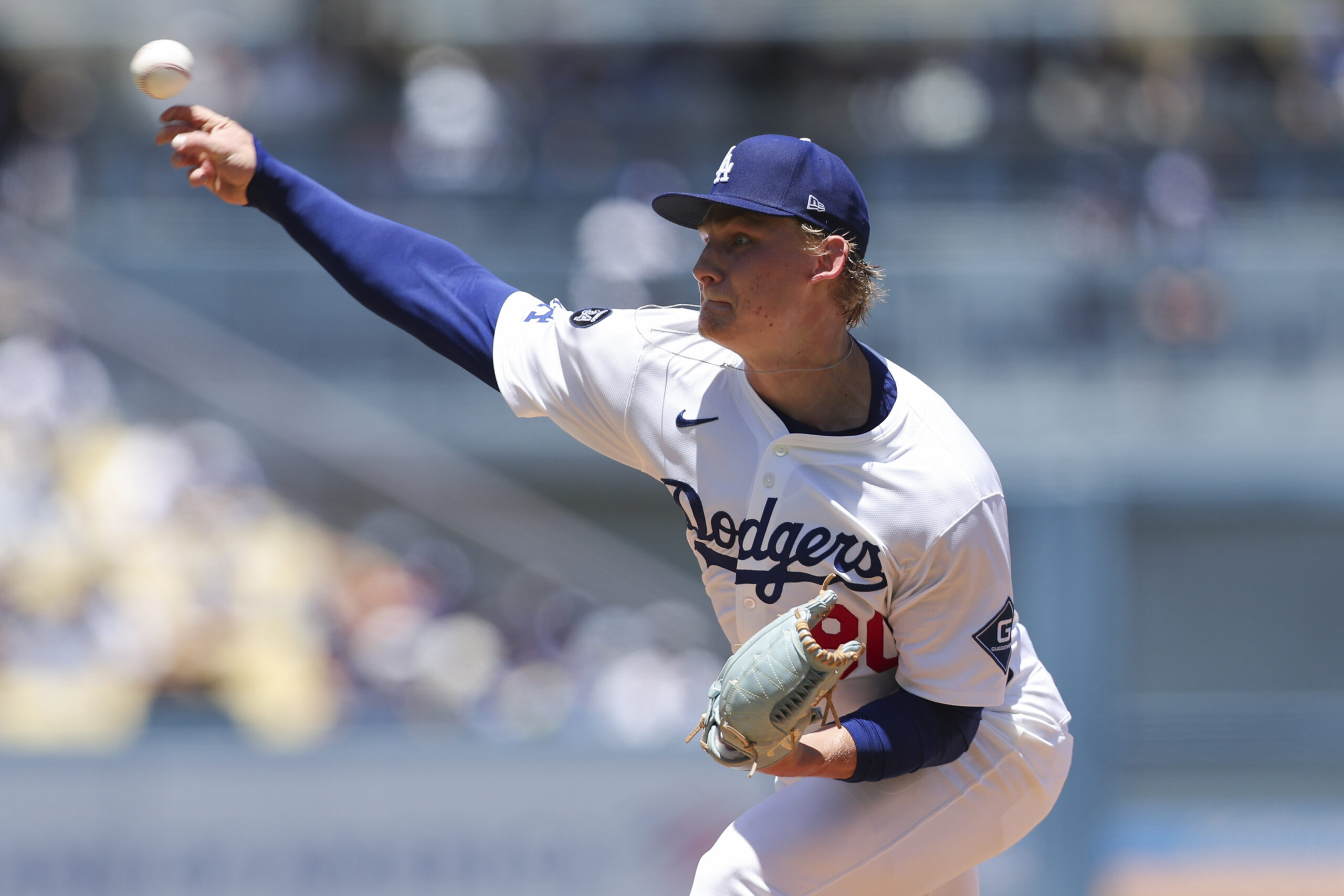 Dodgers pitcher Emmet Sheehan delivers to a Houston Astros batter...