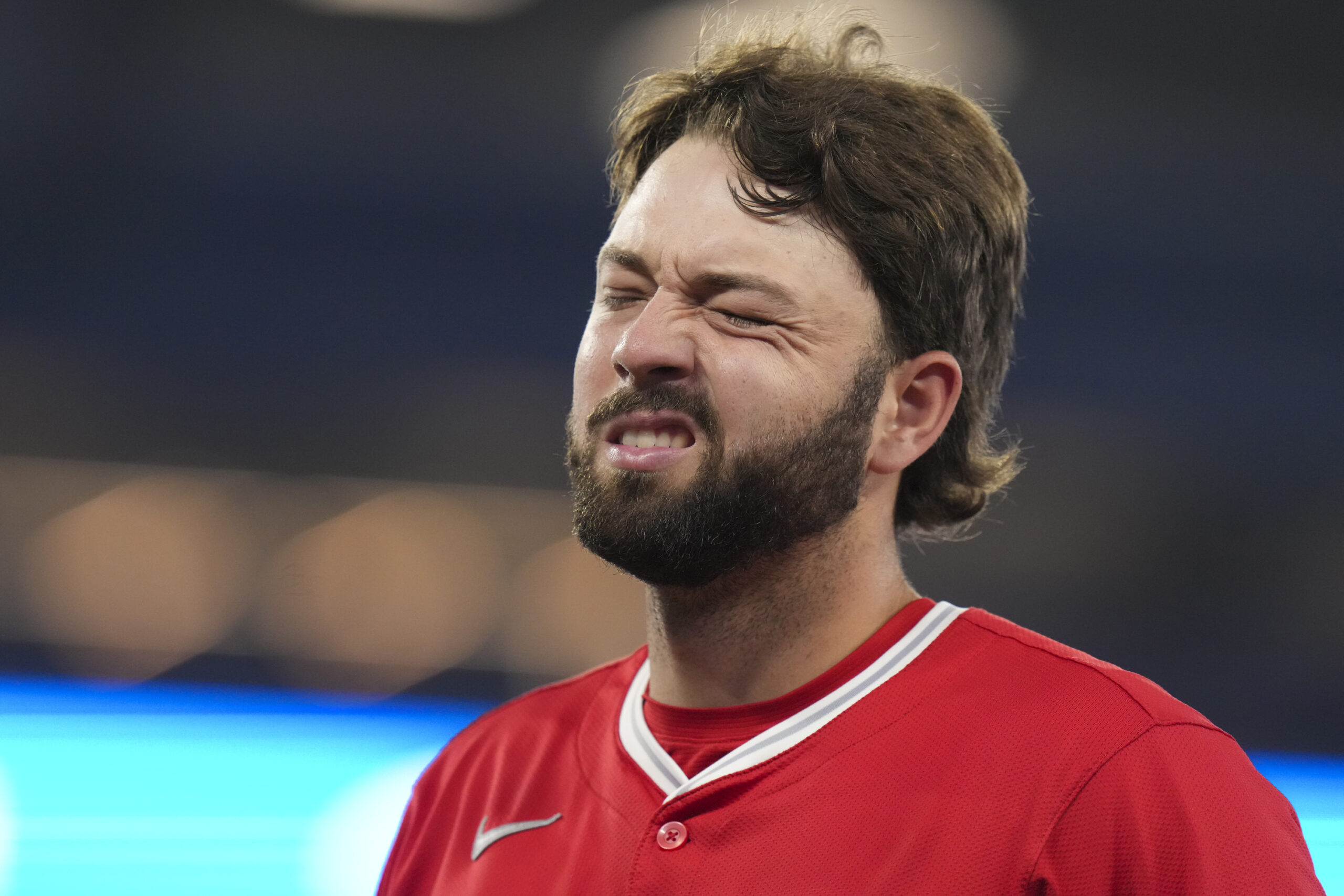 Angels’ Nolan Schanuel reacts during his team’s loss to the...