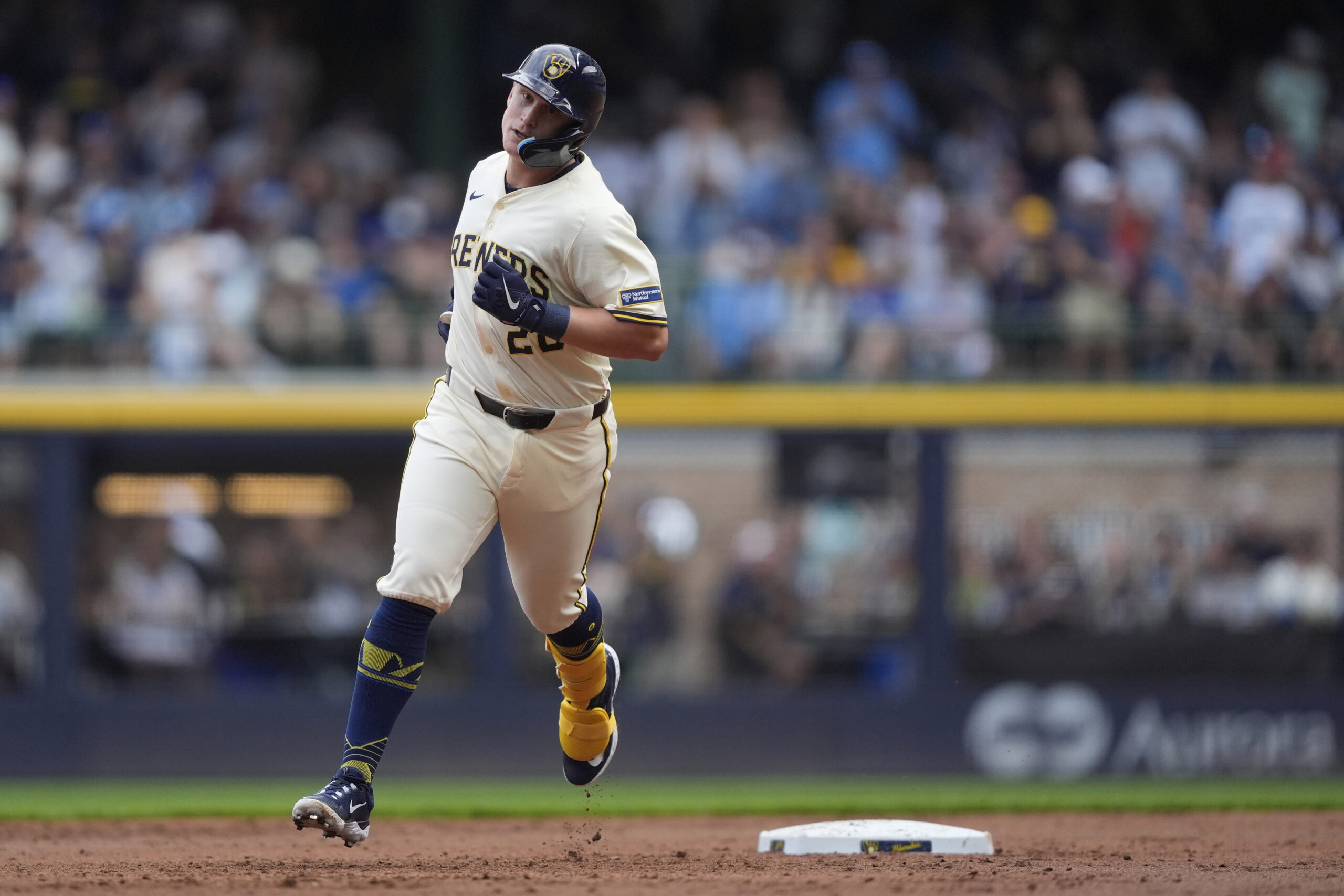 The Milwaukee Brewers’ Andrew Vaughn rounds the bases after hitting...