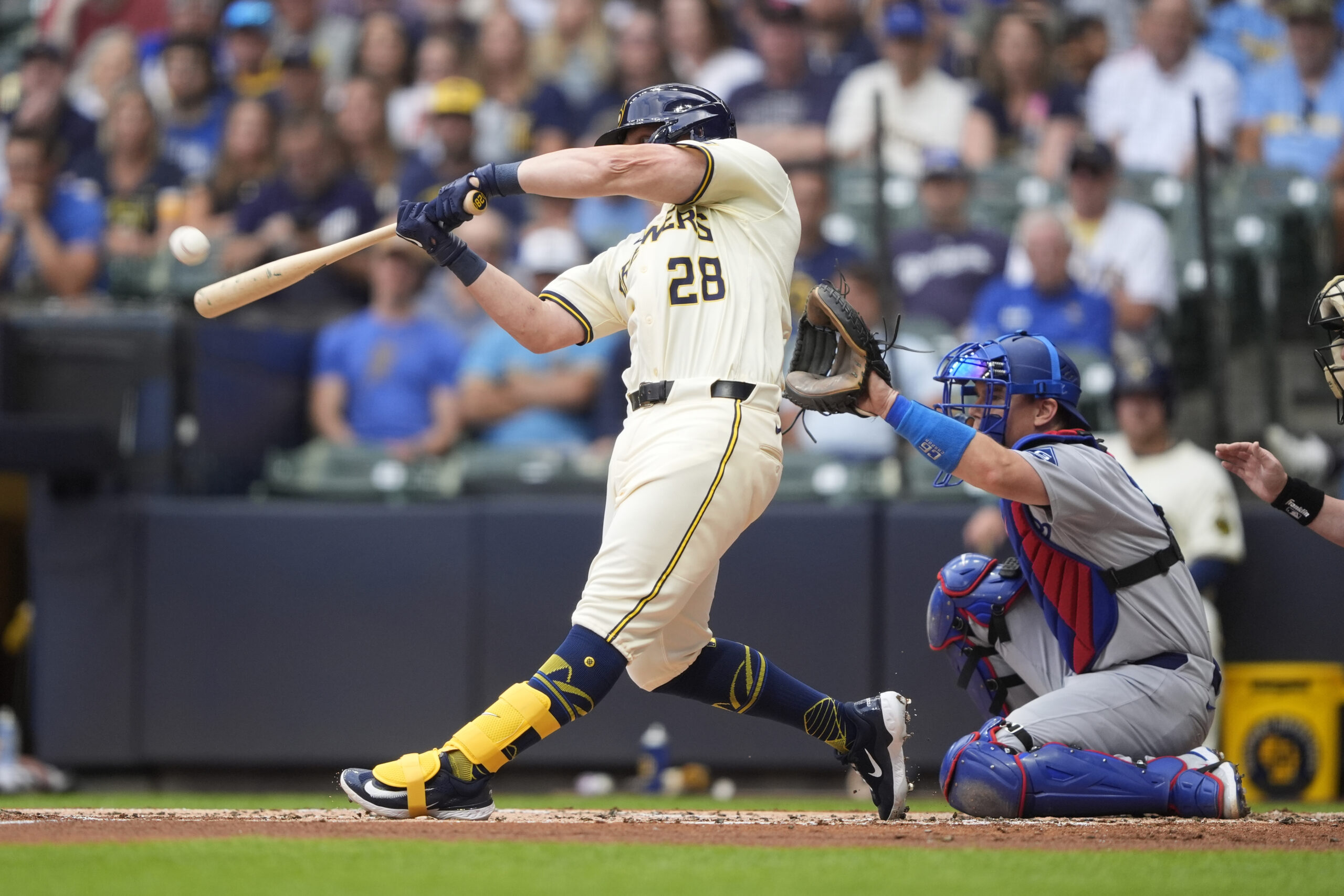 The Milwaukee Brewers’ Andrew Vaughn hits a three-run home run...