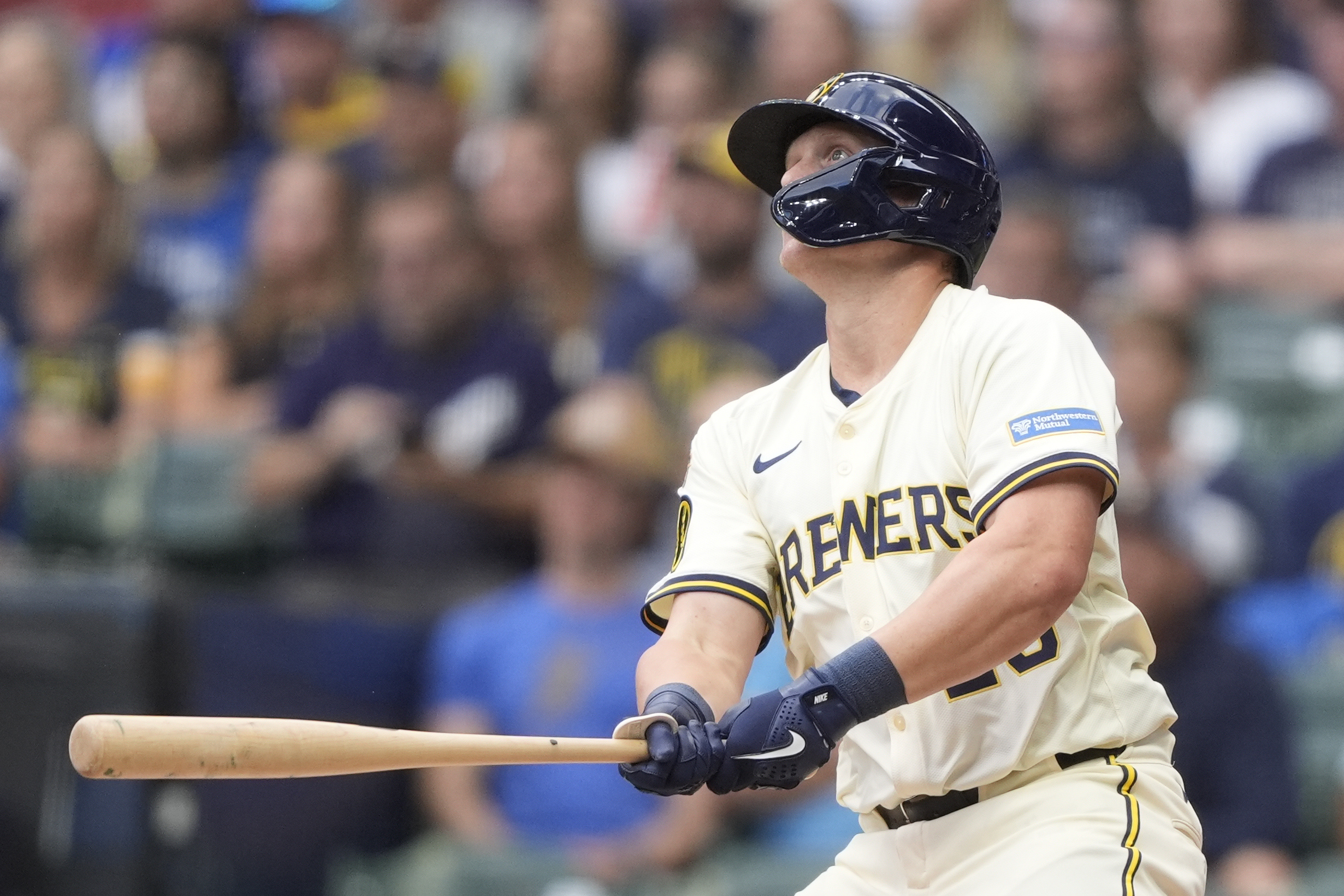 The Milwaukee Brewers’ Andrew Vaughn hits a three-run home run...