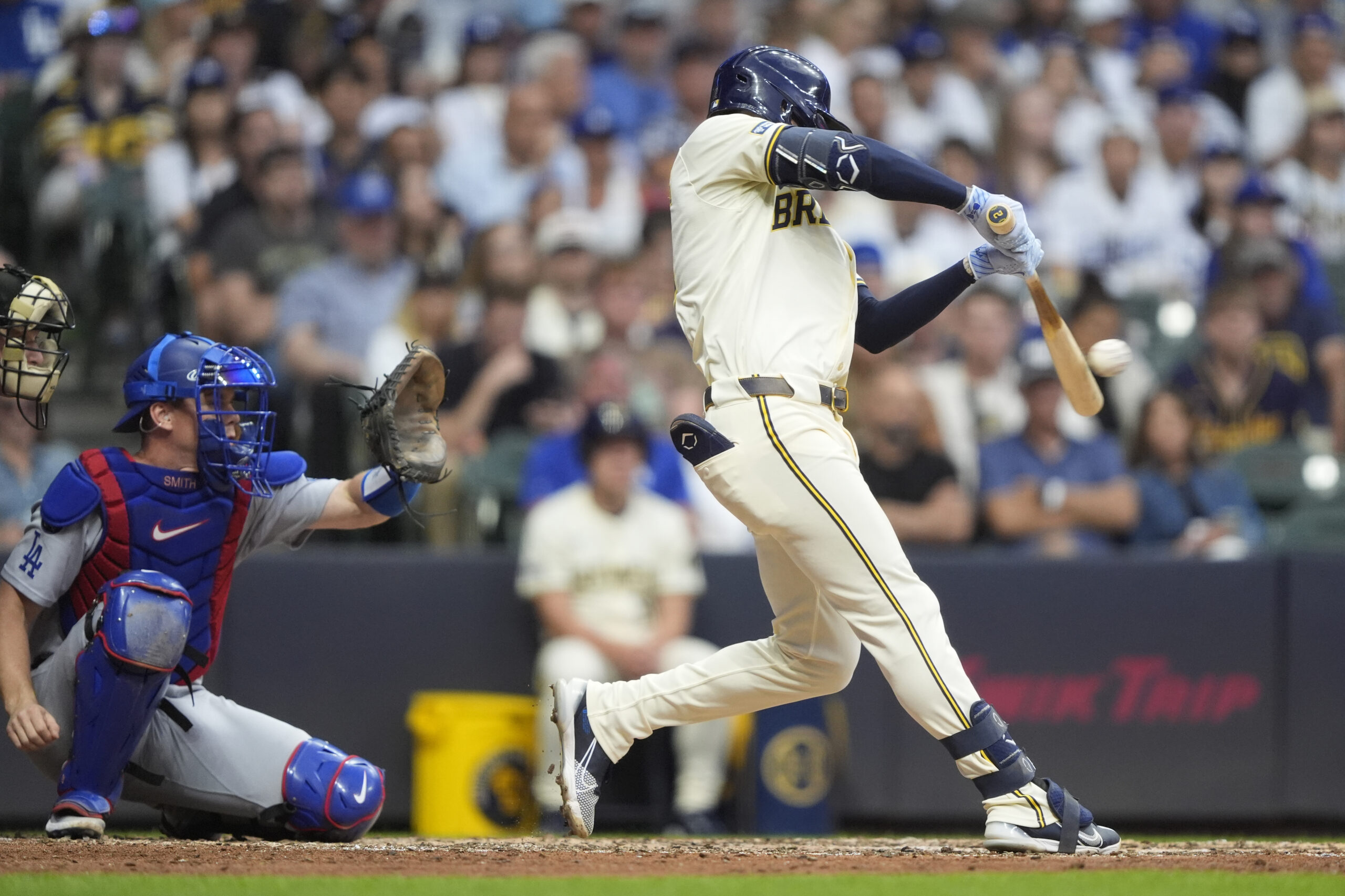 The Milwaukee Brewers’ Brice Turang hits a two-run single during...