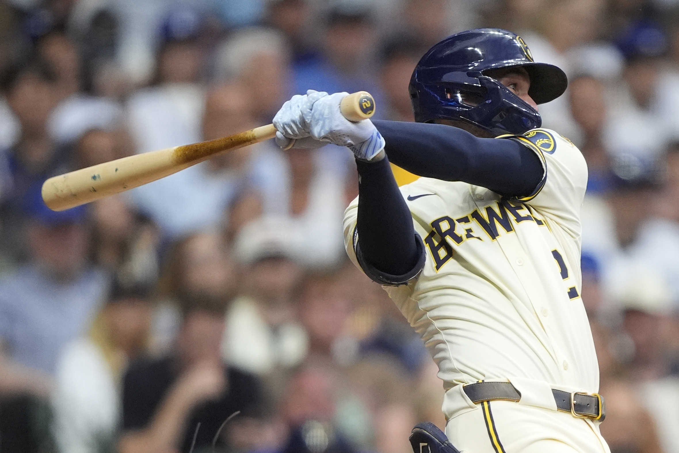 The Milwaukee Brewers’ Brice Turang hits a two-run single during...