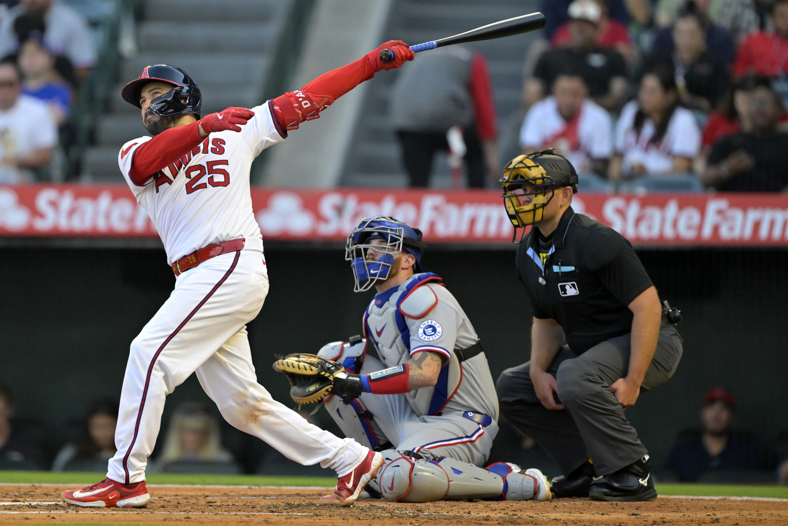 The Angels’ Travis d’Arnaud hits a two-run home run during...