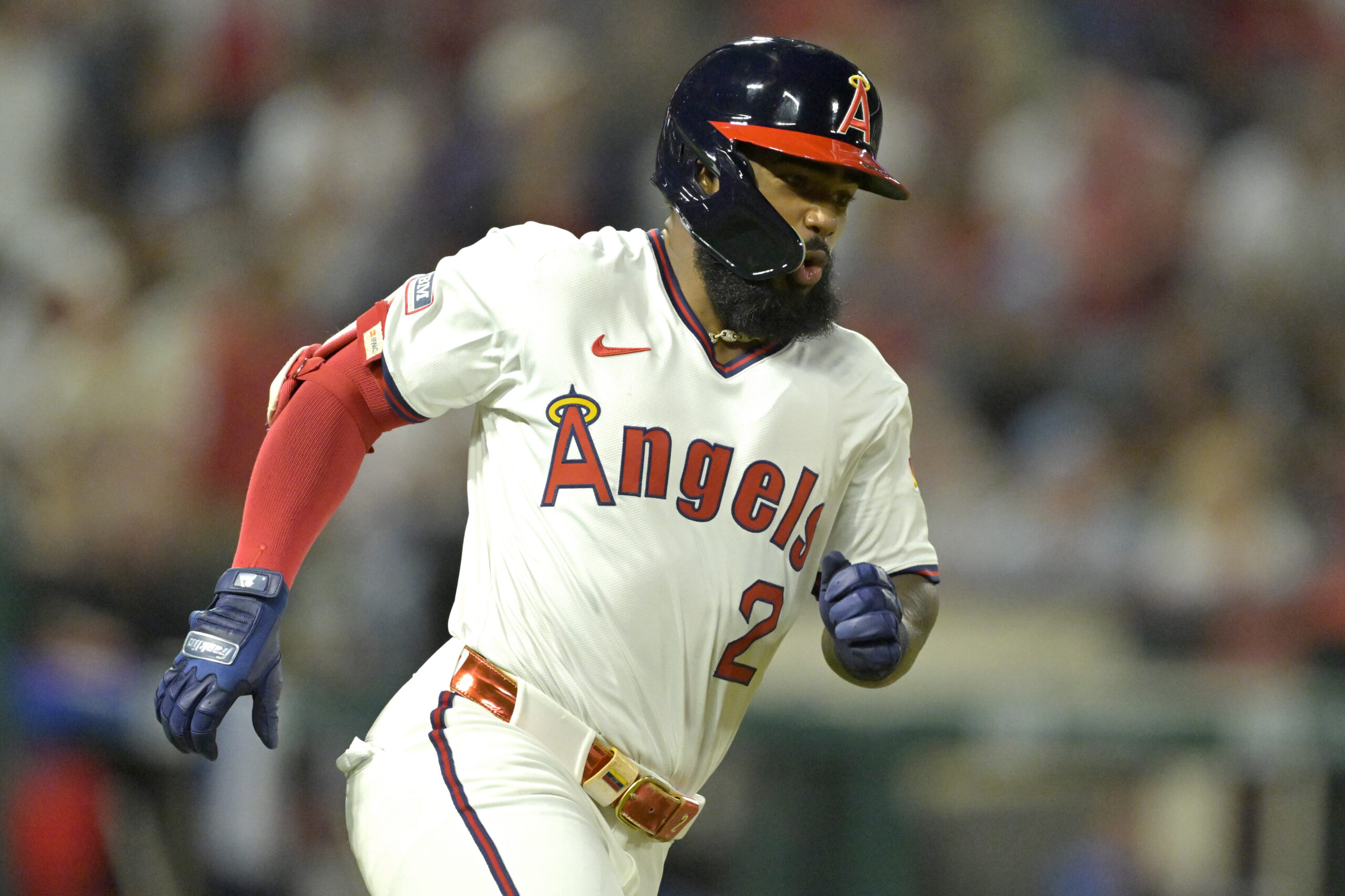The Angels’ Luis Rengifo runs the bases after hitting a...
