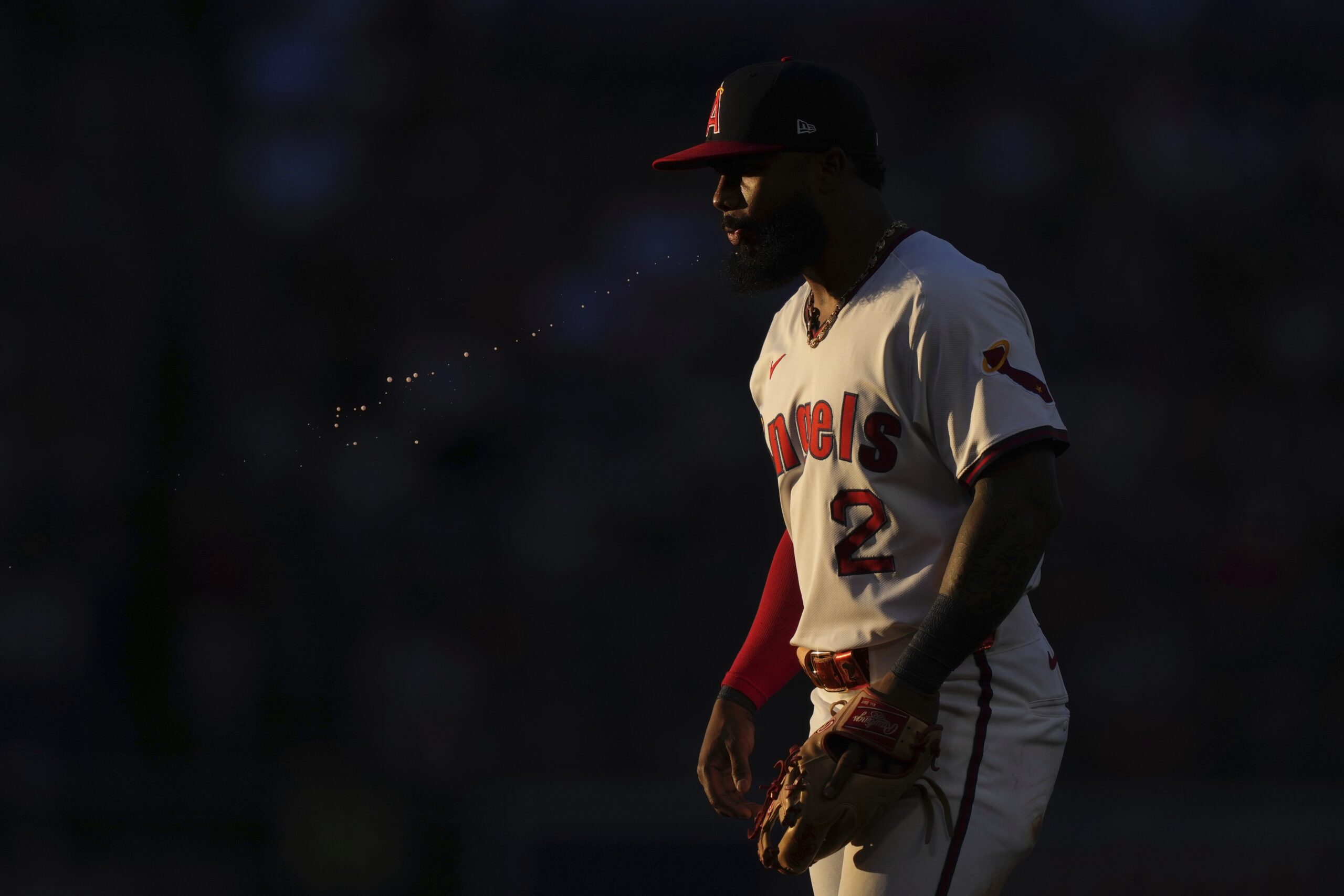 Angels second baseman Luis Rengifo spits during the fourth inning...