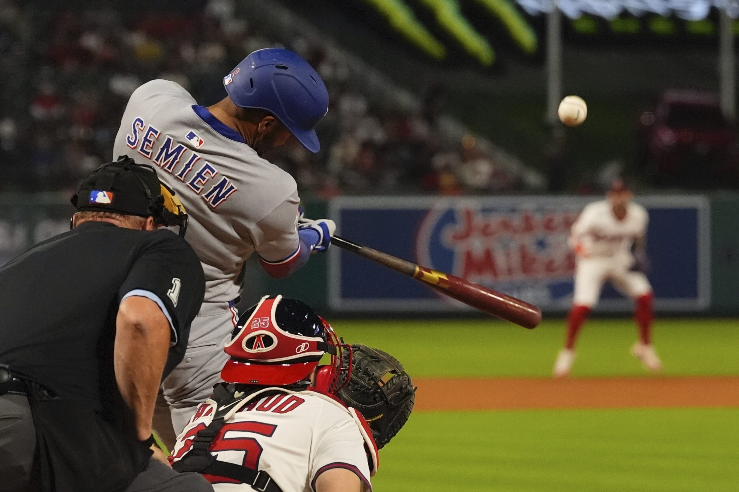 The Texas Rangers’ Marcus Semien hits a two-run home run...