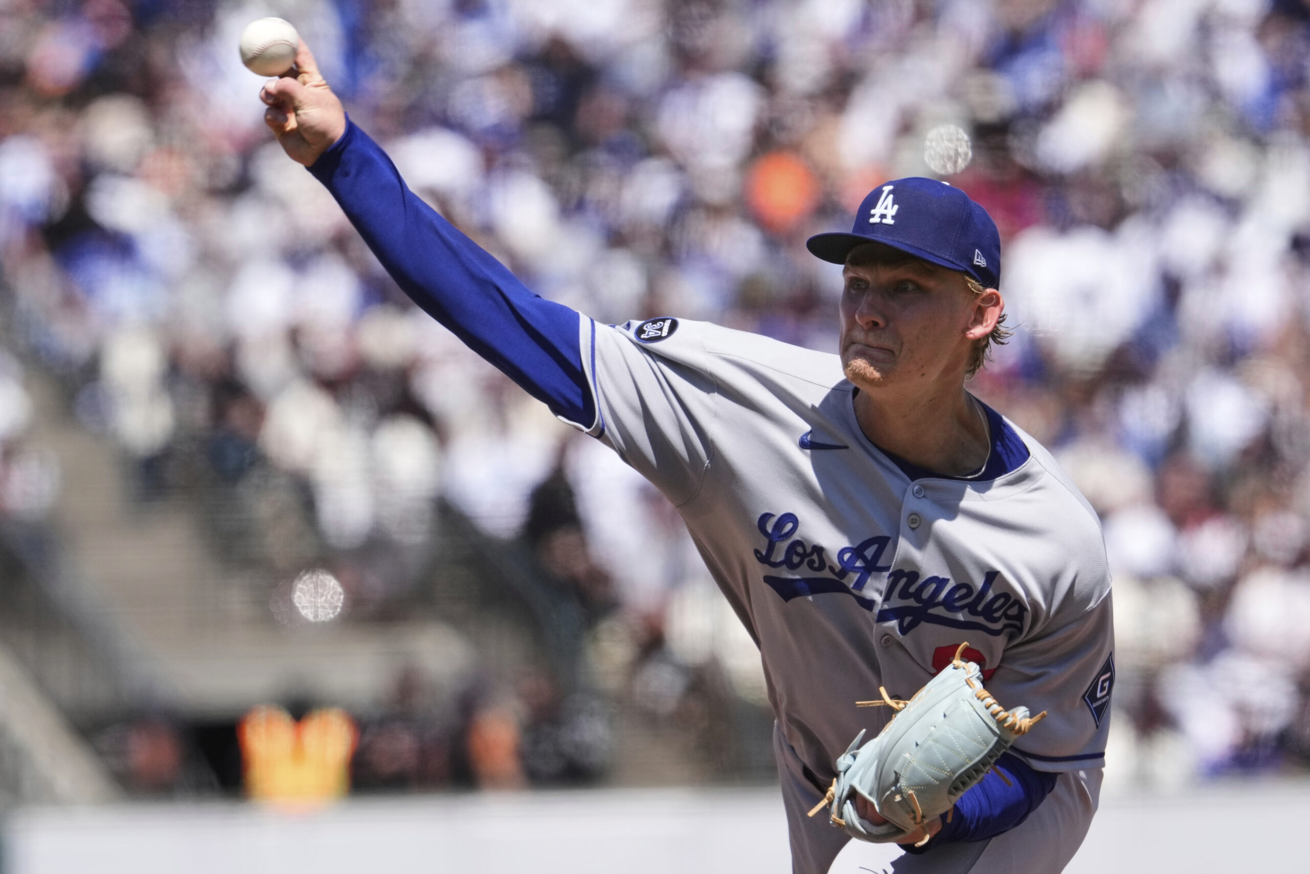 Los Angeles Dodgers pitcher Emmet Sheehan throws to a San...