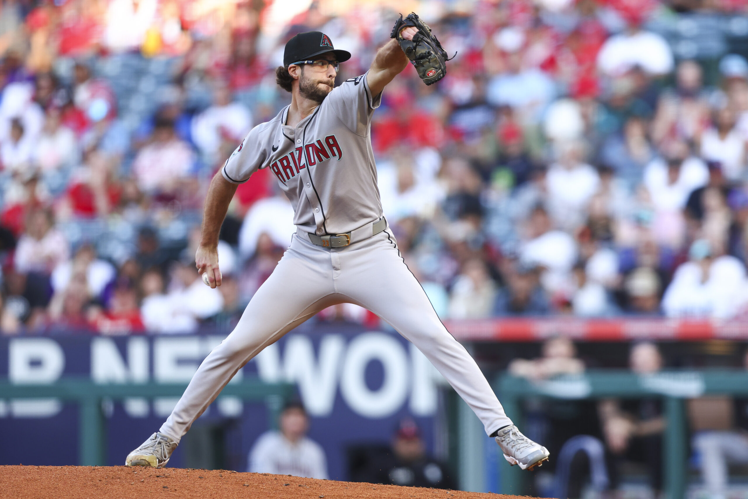 Arizona Diamondbacks pitcher Zac Gallen throws to a Angels batter...