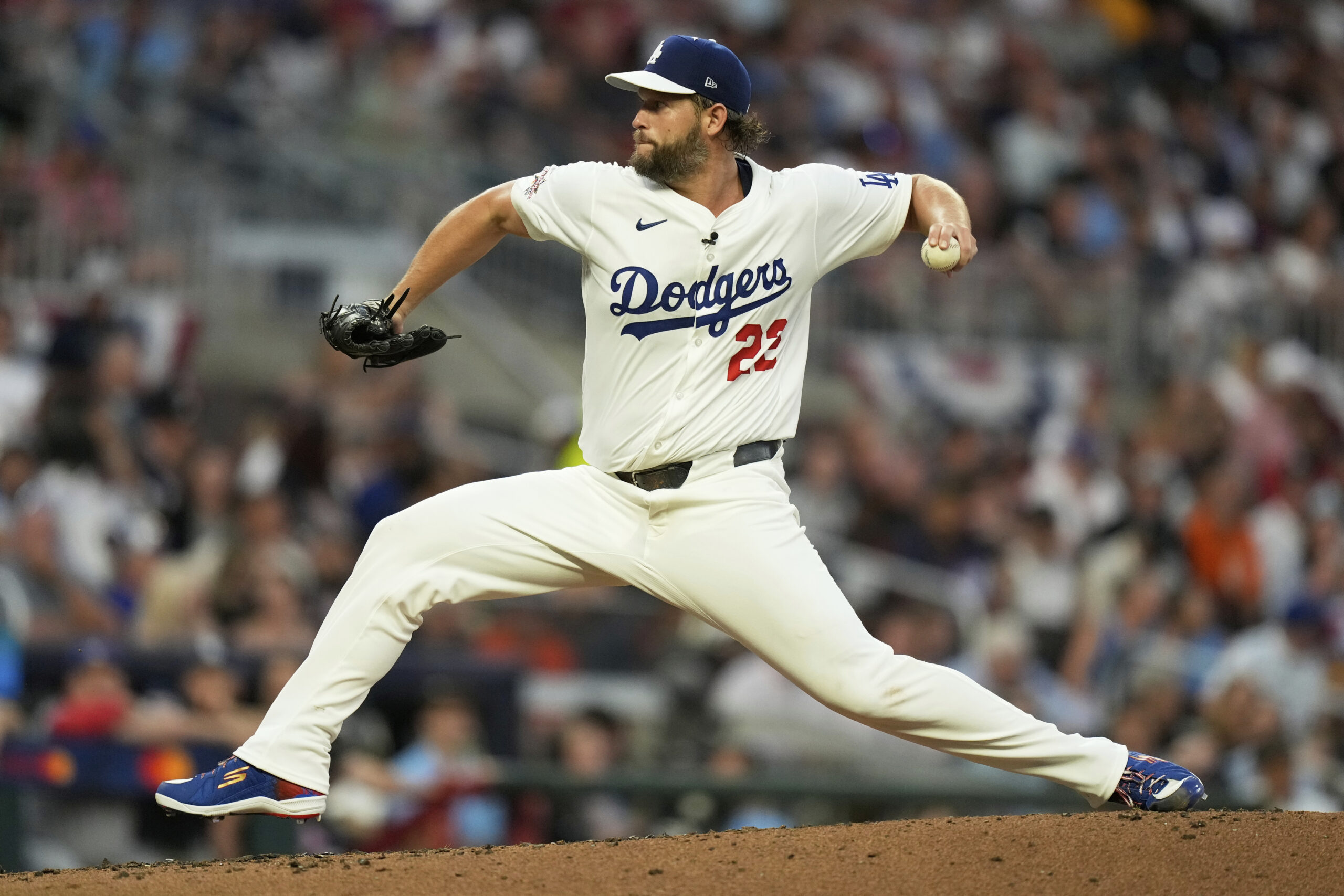 Dodgers pitcher Clayton, Kershaw works during second inning at the...