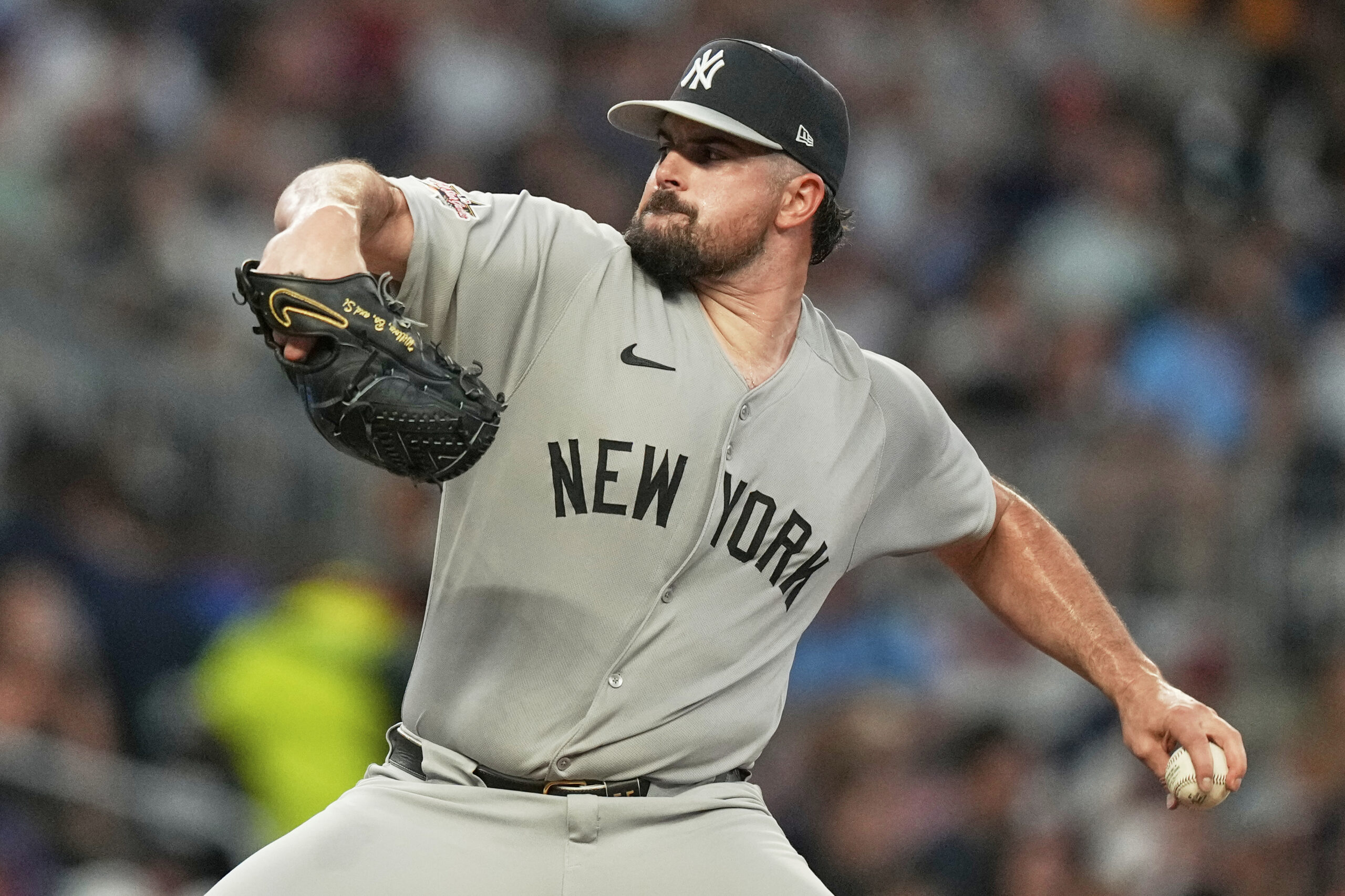 New York Yankees pitcher Carlos Rodón throws during the second...