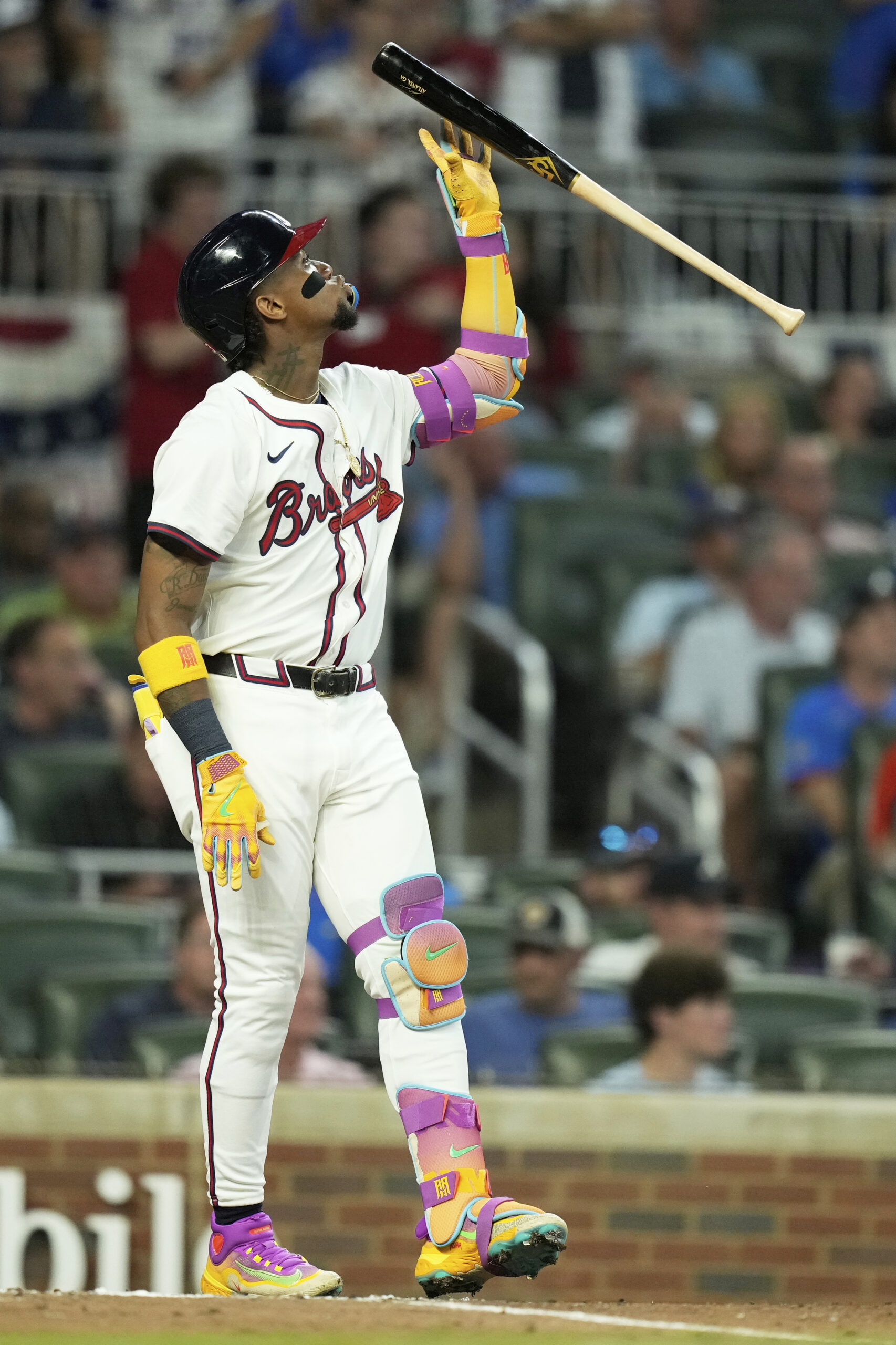 The Atlanta Braves’ Ronald Acuña Jr. reacts after striking out...