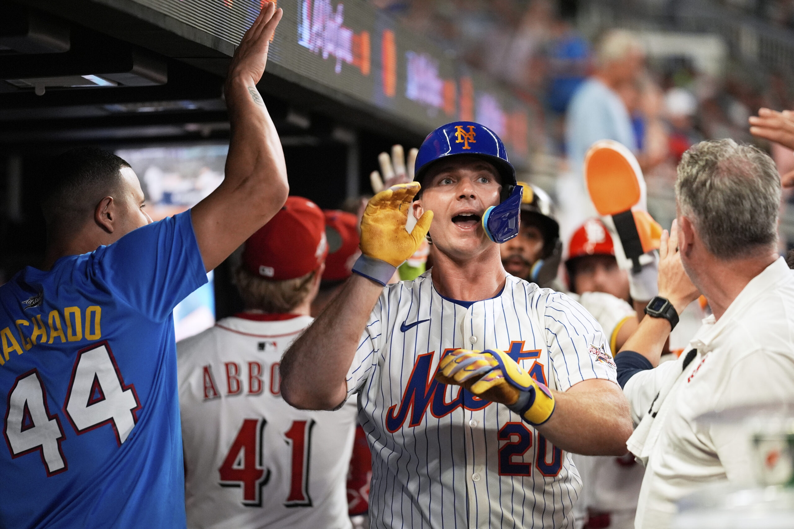 New York Mets’ Pete Alonso celebrates his three-run home run...