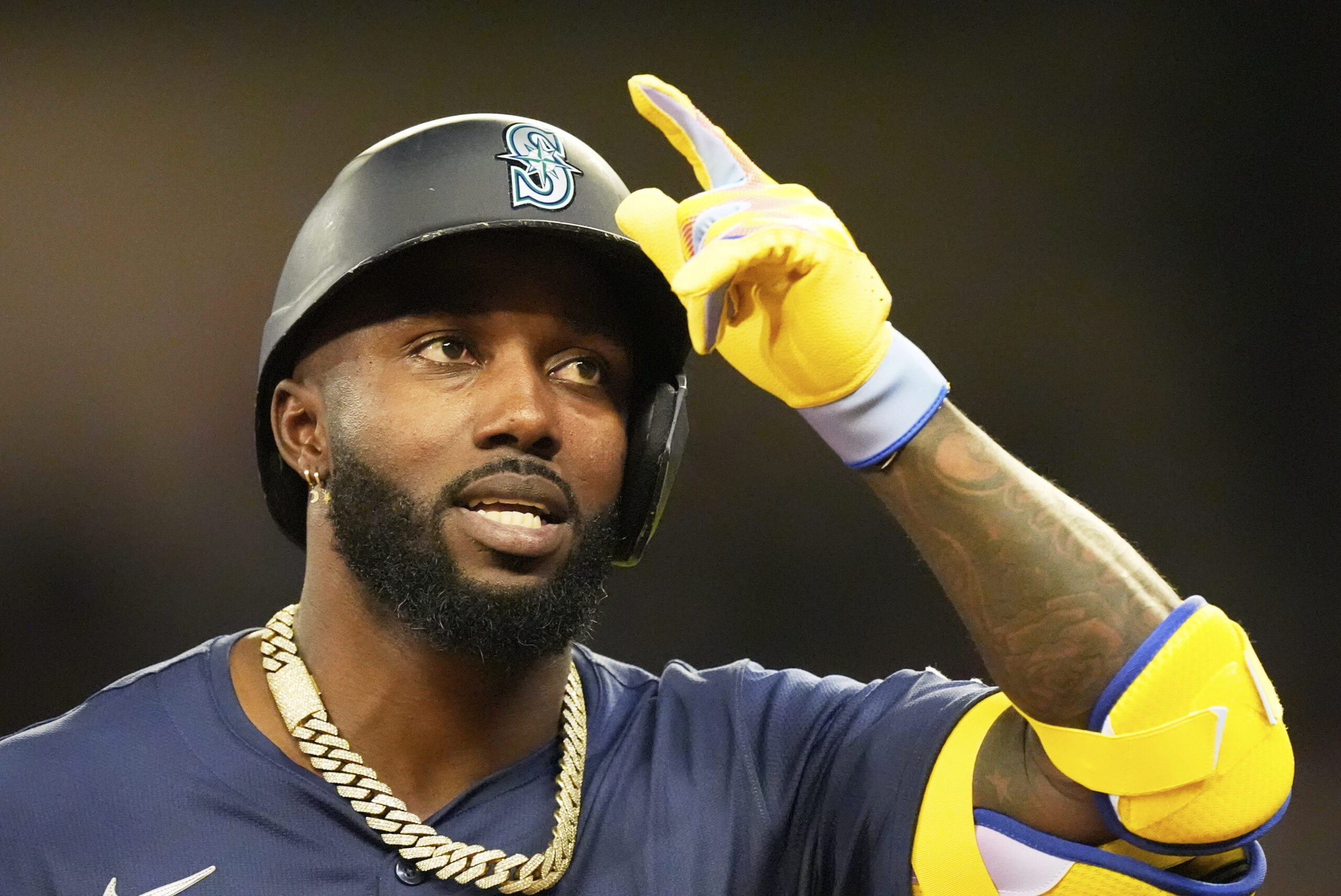 The Seattle Mariners’ Randy Arozarena celebrates during seventh inning at...