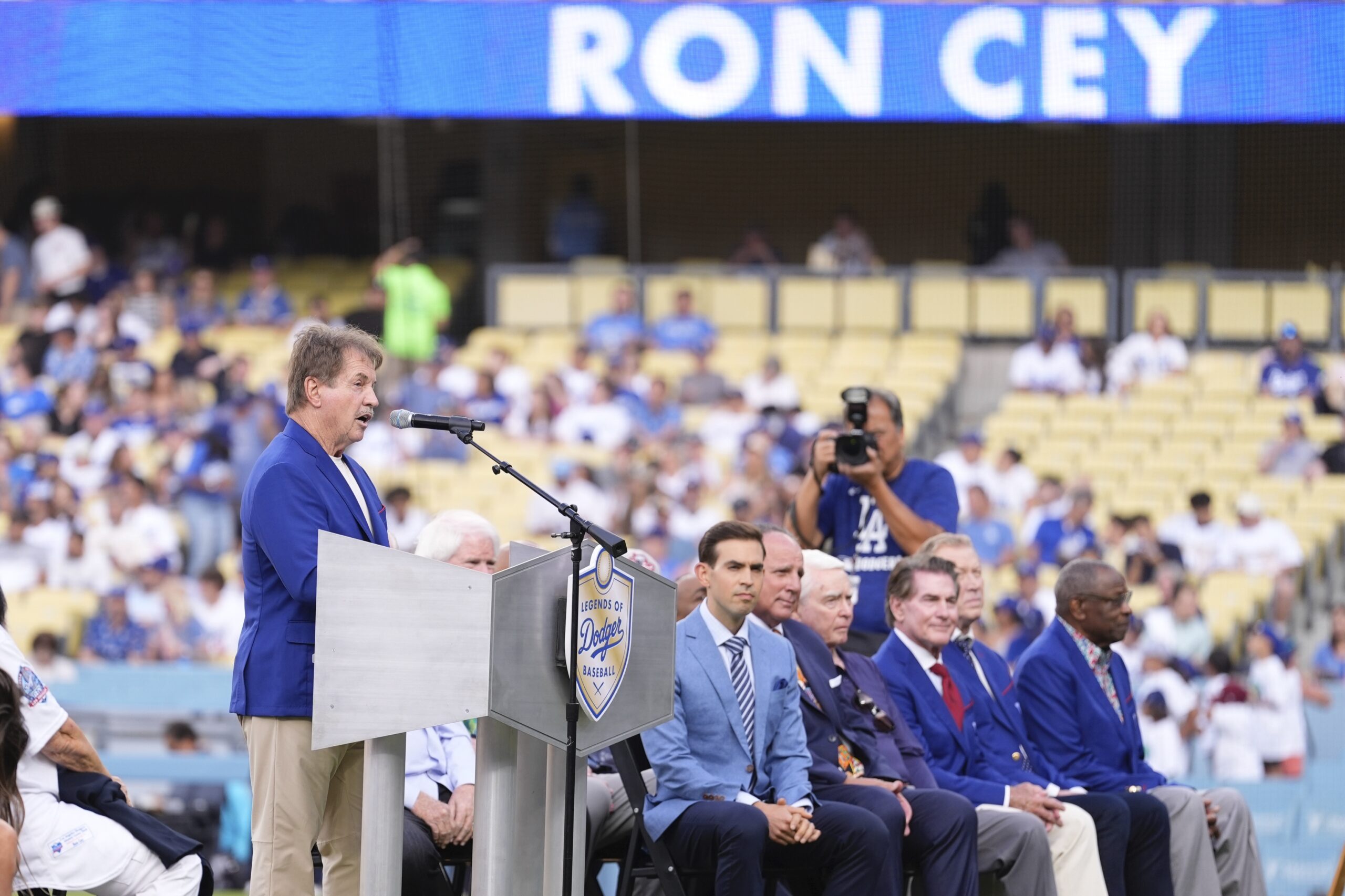 Former Dodgers infielder Ron Cey speaks as he is inducted...