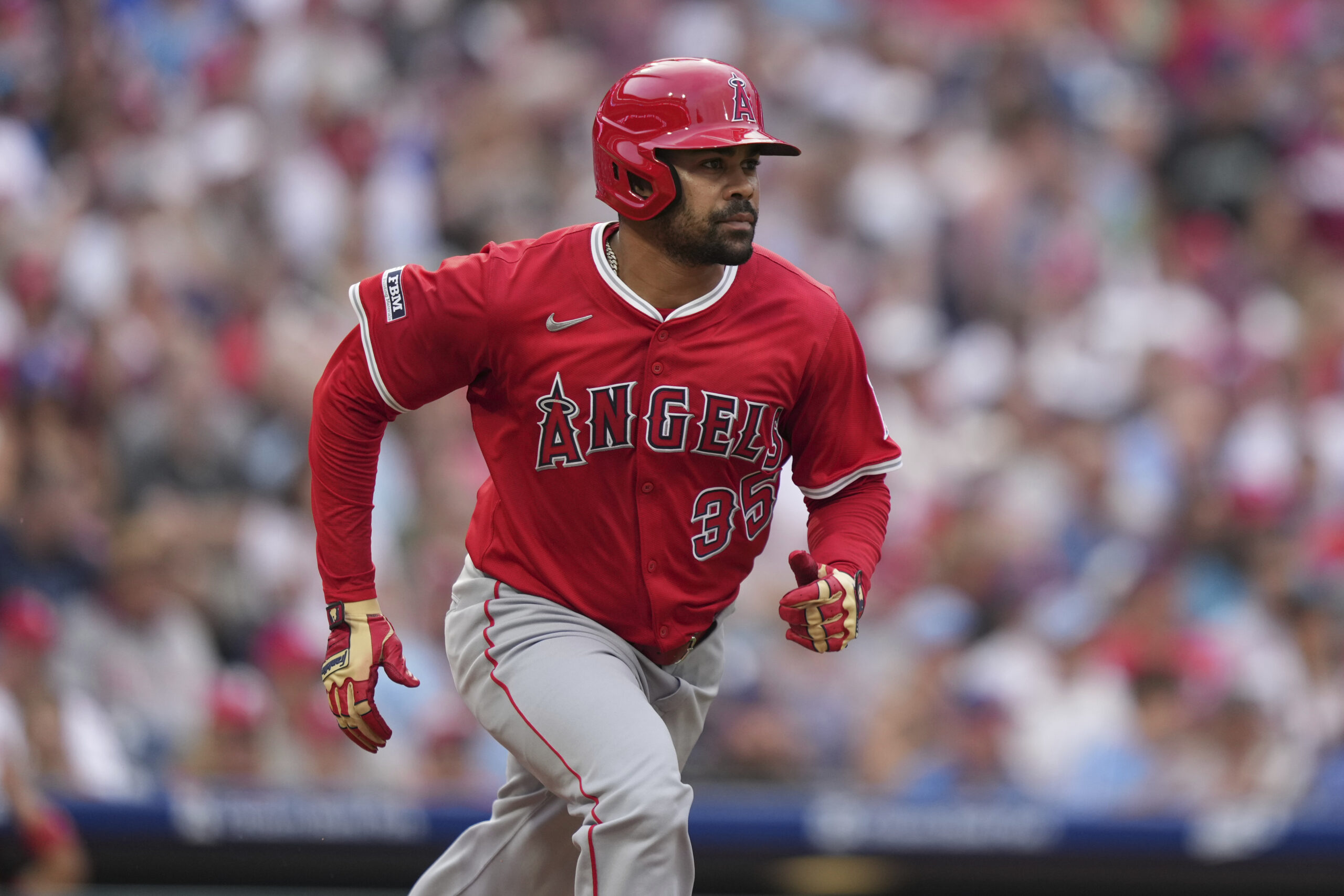 Angels’ LaMonte Wade Jr. plays during a baseball game Saturday,...