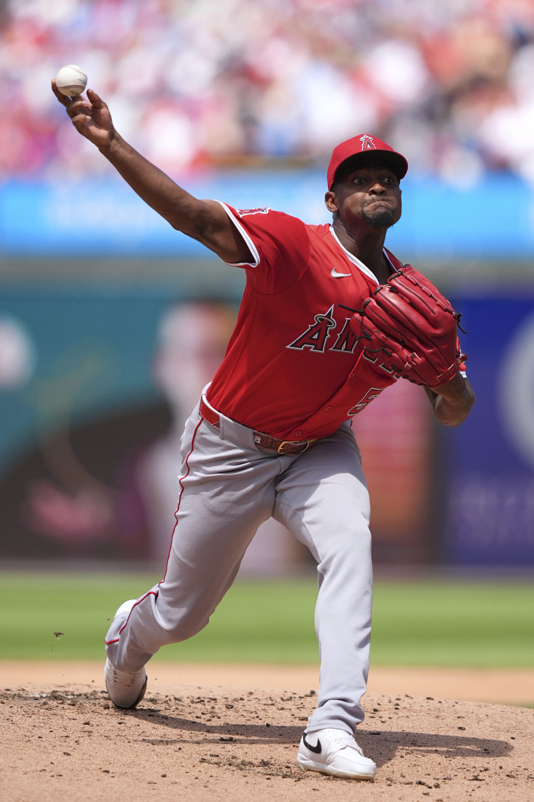 Angels’ José Soriano pitches during the first inning of a...